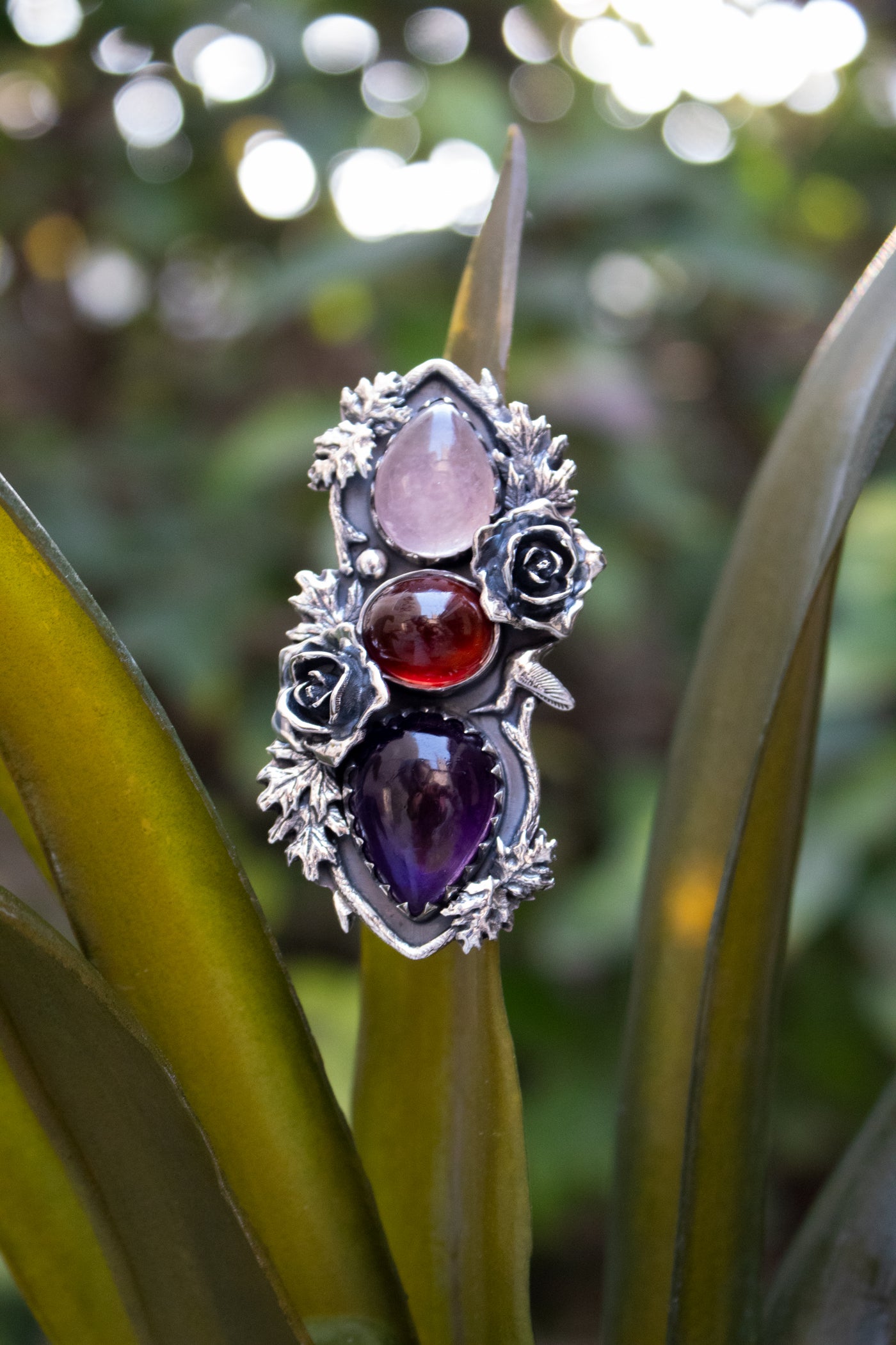 The Crimson Bloom Trilogy — Rose Quartz, Garnet & Amethyst Statement Ring, AR-7730