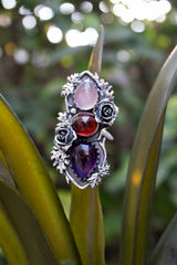 The Crimson Bloom Trilogy — Rose Quartz, Garnet & Amethyst Statement Ring, AR-7730