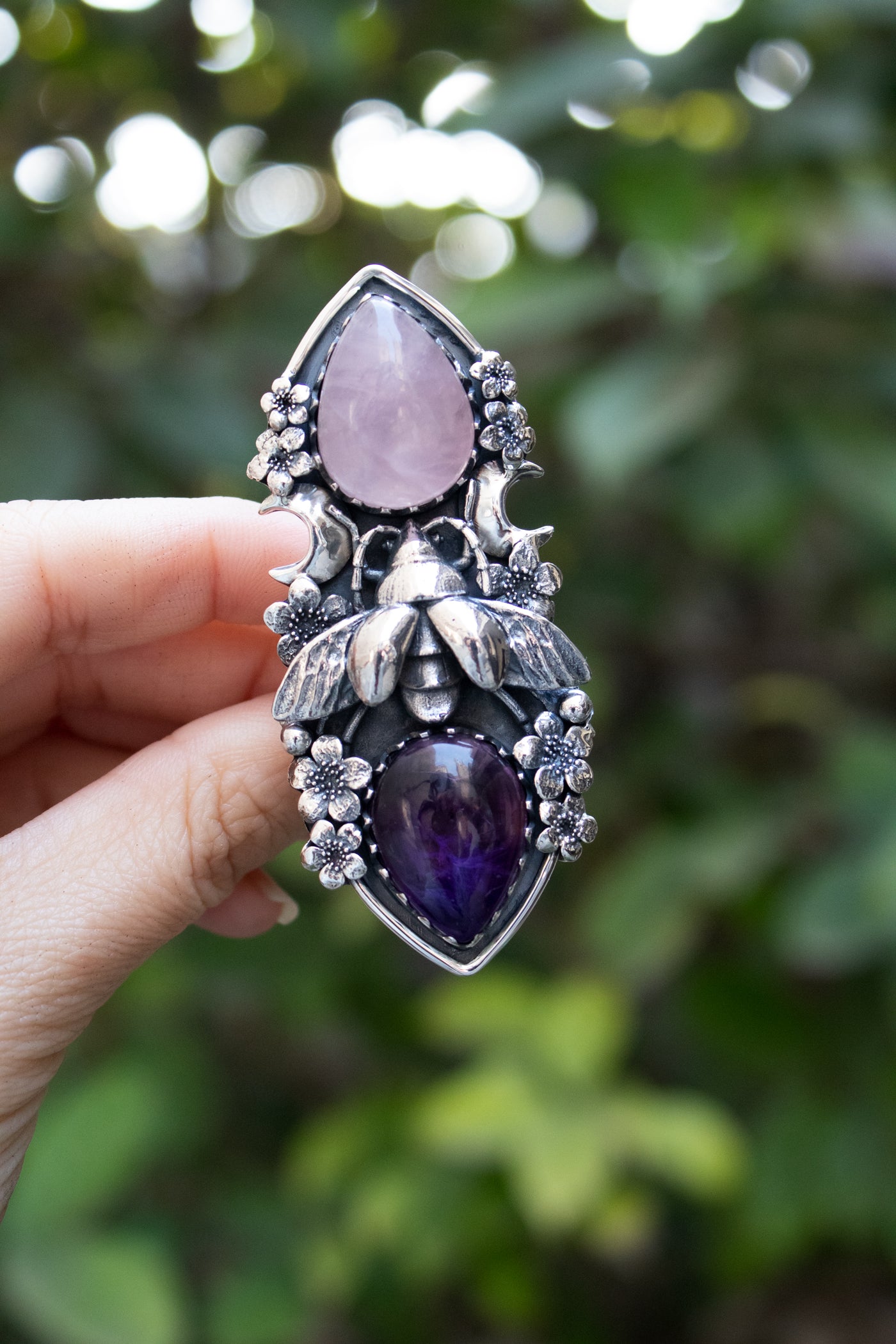 Honeyed Moon Garden — Rose Quartz & Amethyst Ring, AR-7737
