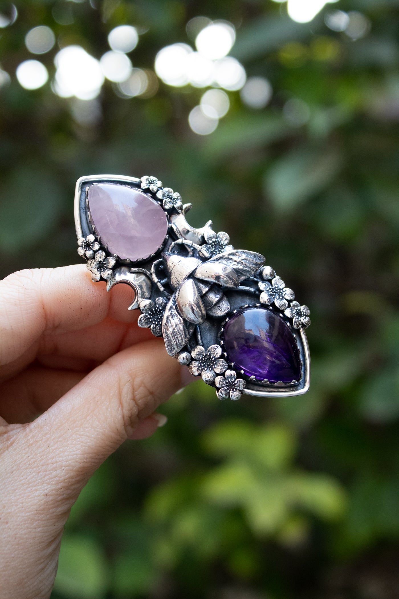 Honeyed Moon Garden — Rose Quartz & Amethyst Ring, AR-7737