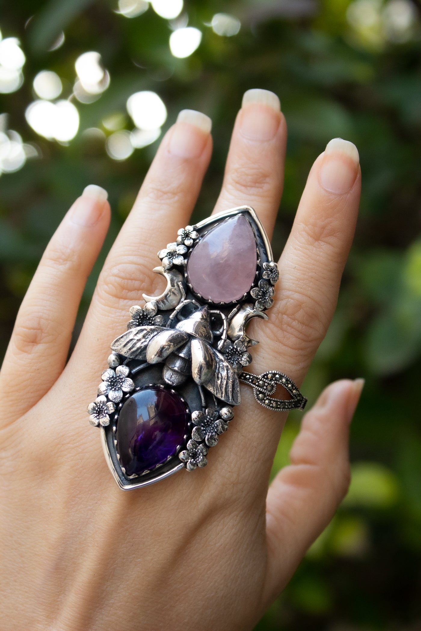 Honeyed Moon Garden — Rose Quartz & Amethyst Ring, AR-7737