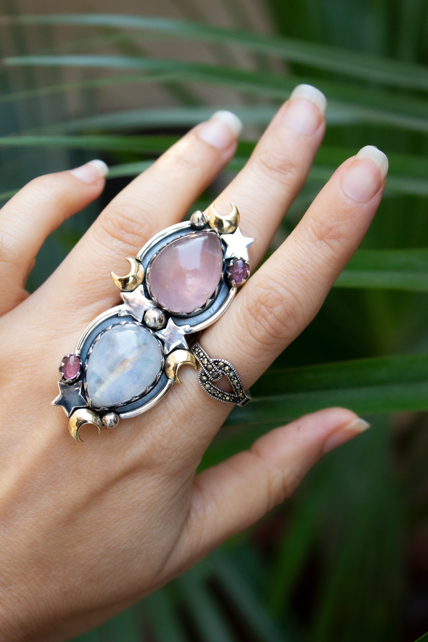 Moonlit Duo — Rose Quartz & Moonstone Ring, AR-7734