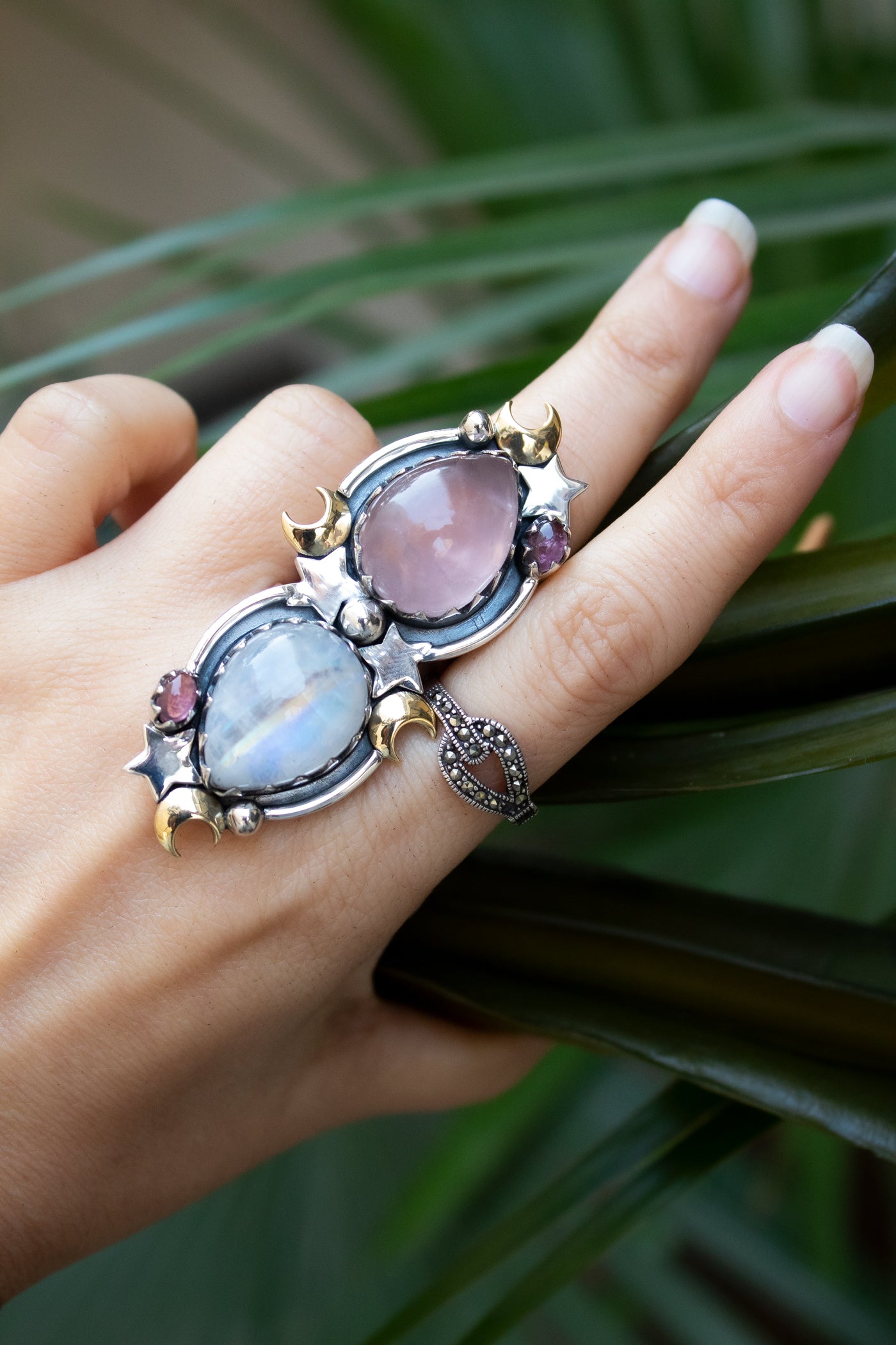 Moonlit Duo — Rose Quartz & Moonstone Ring, AR-7734