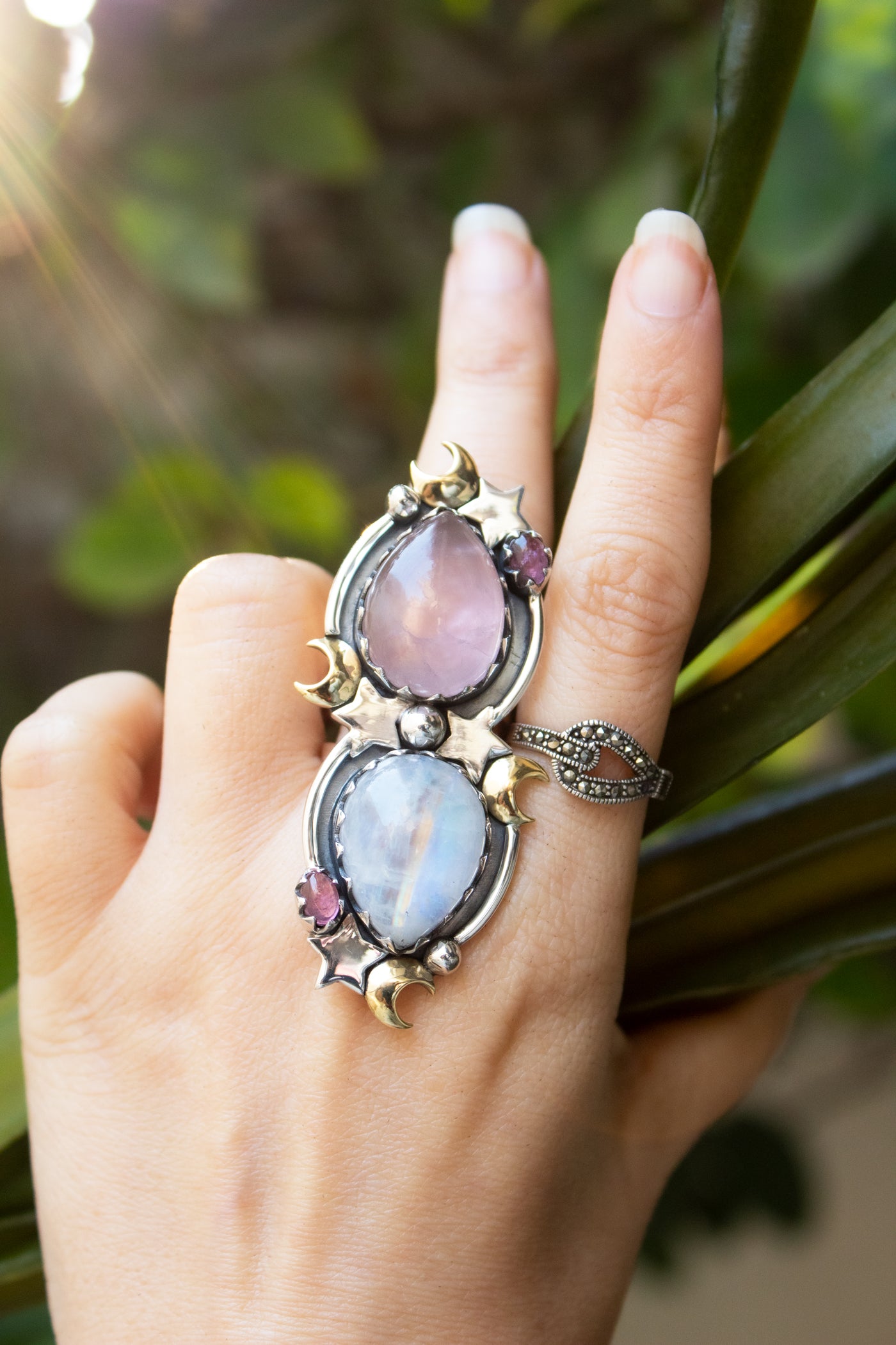 Moonlit Duo — Rose Quartz & Moonstone Ring, AR-7734