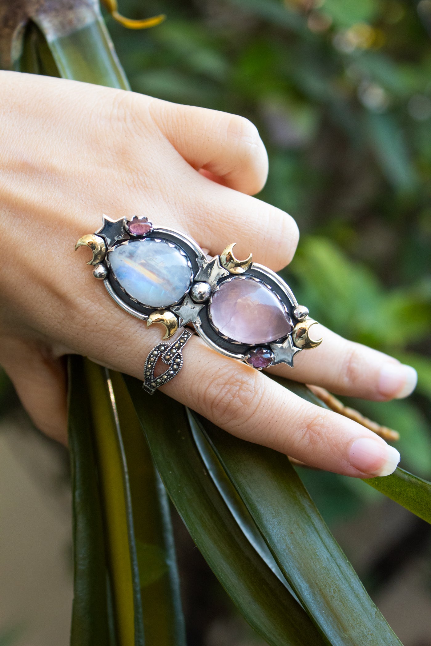 Moonlit Duo — Rose Quartz & Moonstone Ring, AR-7734