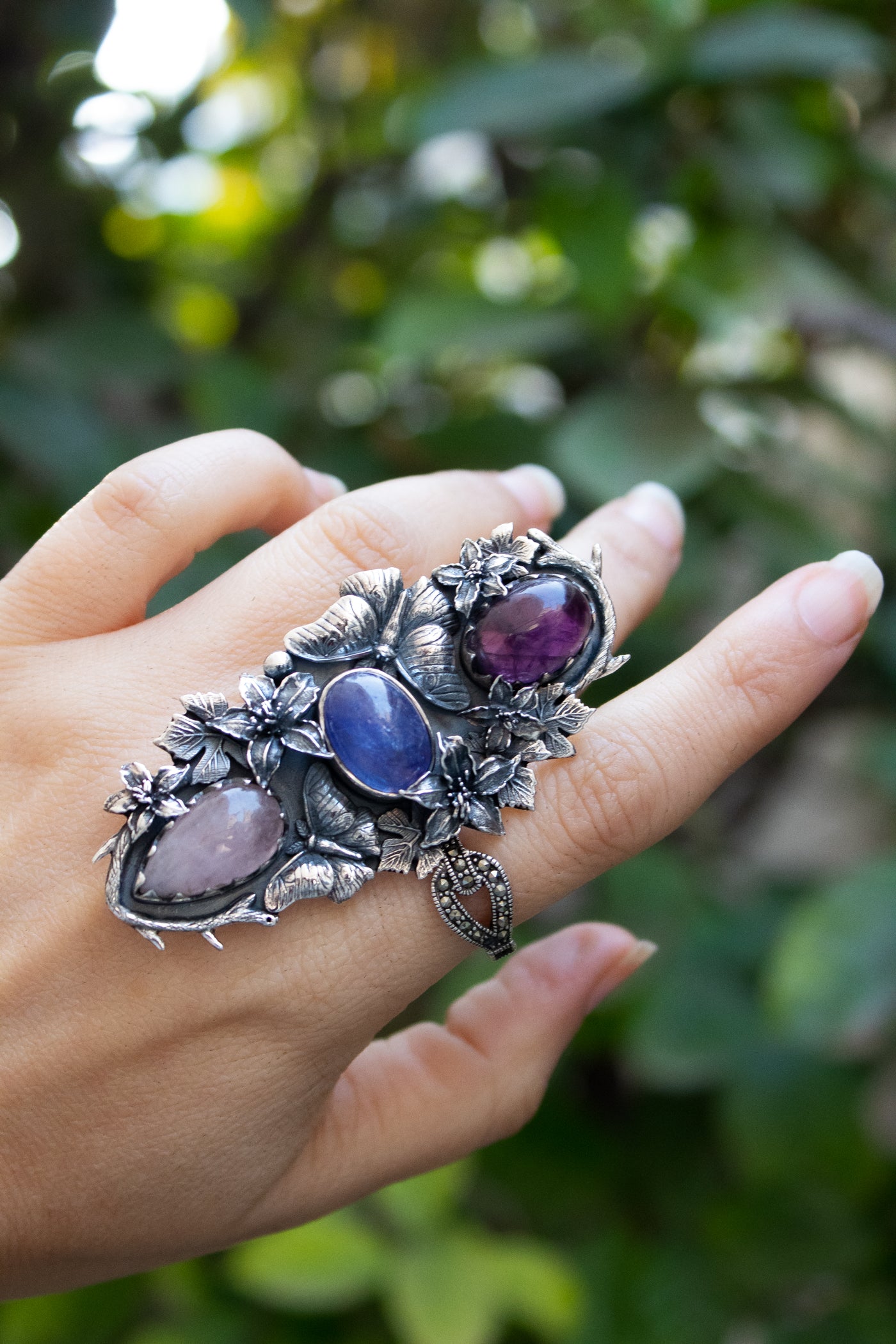 Violet Garden Reverie — Amethyst, Tanzanite & Rose Quartz Statement Ring, AR-7735