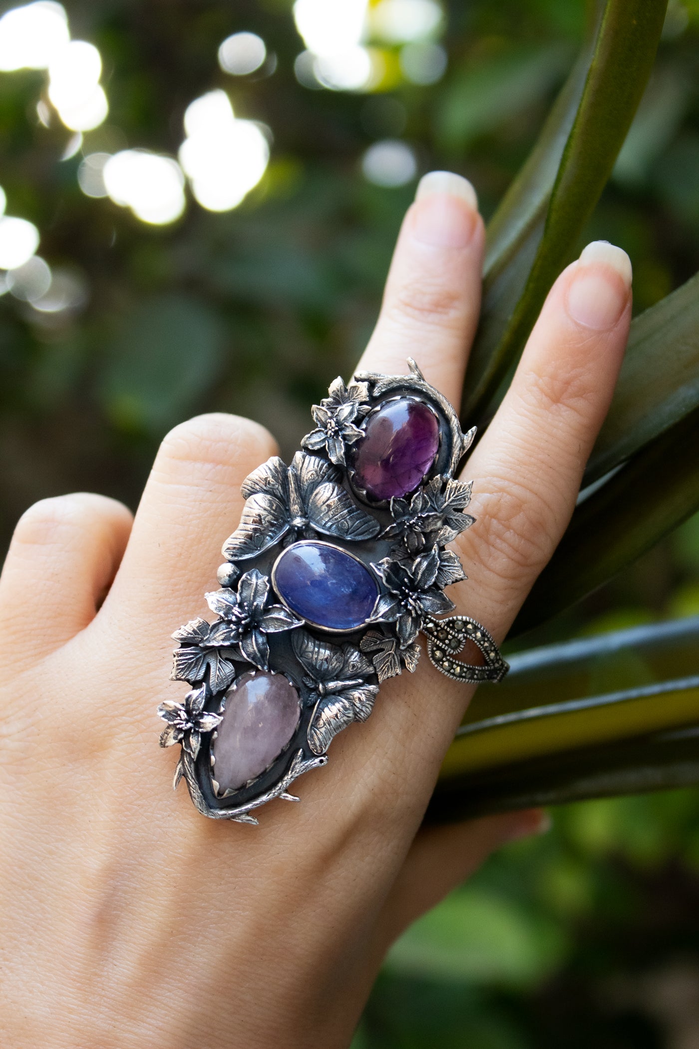 Violet Garden Reverie — Amethyst, Tanzanite & Rose Quartz Statement Ring, AR-7735