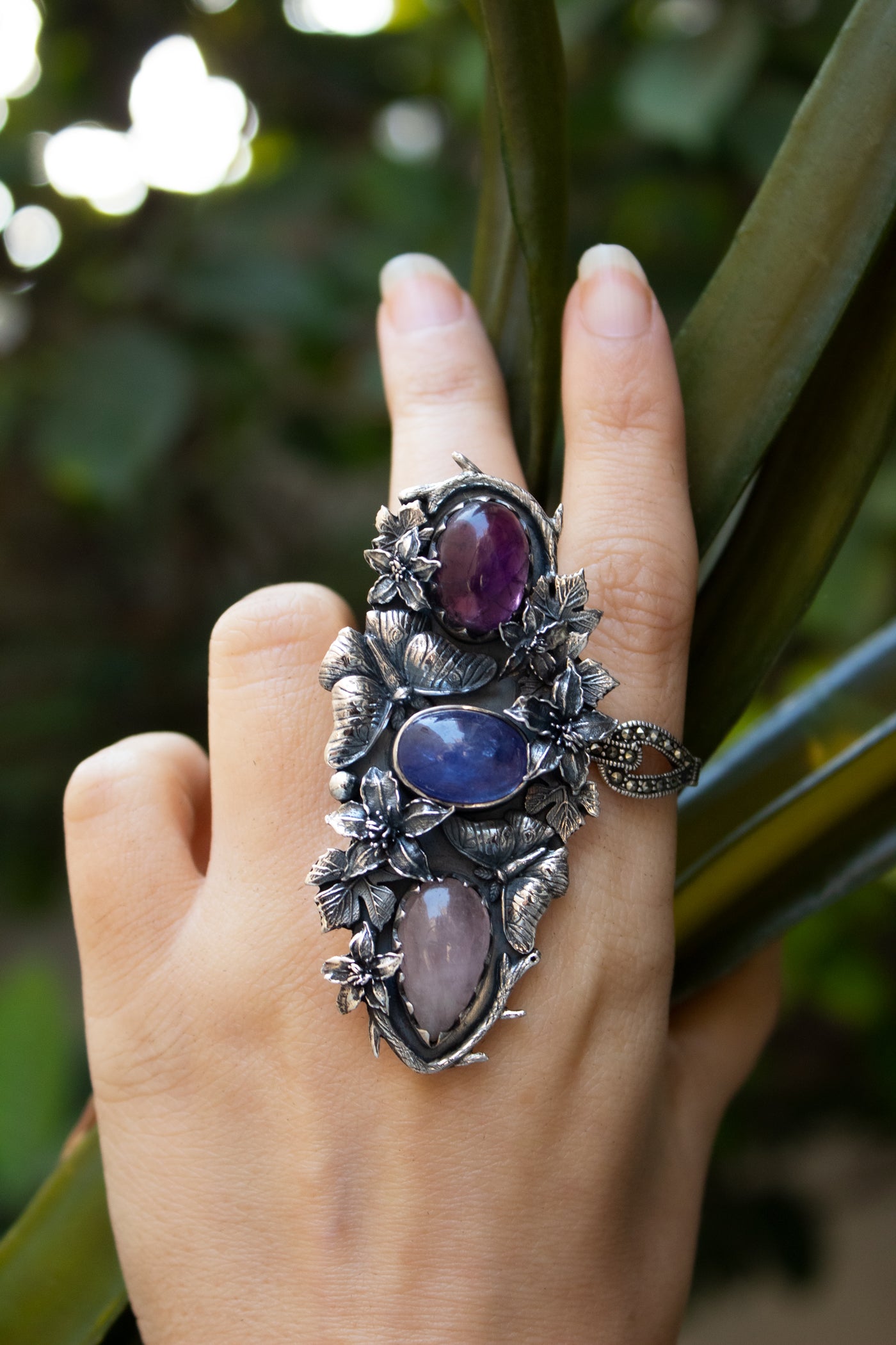 Violet Garden Reverie — Amethyst, Tanzanite & Rose Quartz Statement Ring, AR-7735