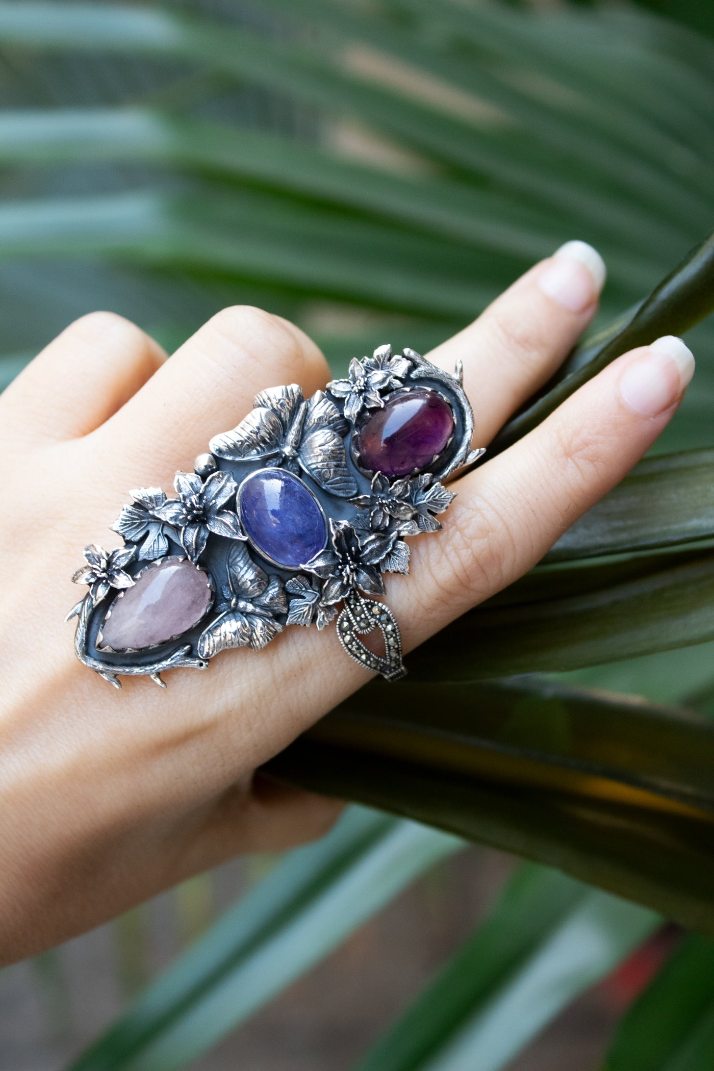 Violet Garden Reverie — Amethyst, Tanzanite & Rose Quartz Statement Ring, AR-7735