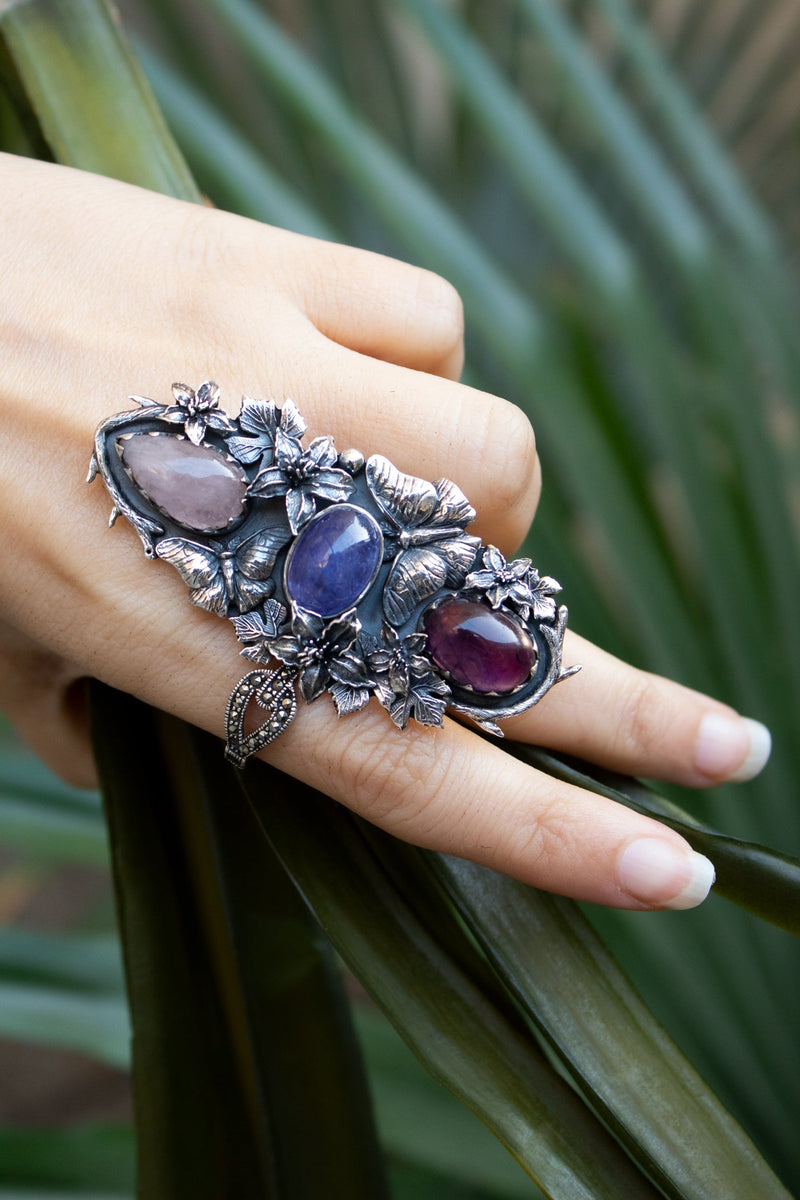 Violet Garden Reverie — Amethyst, Tanzanite & Rose Quartz Statement Ring, AR-7735