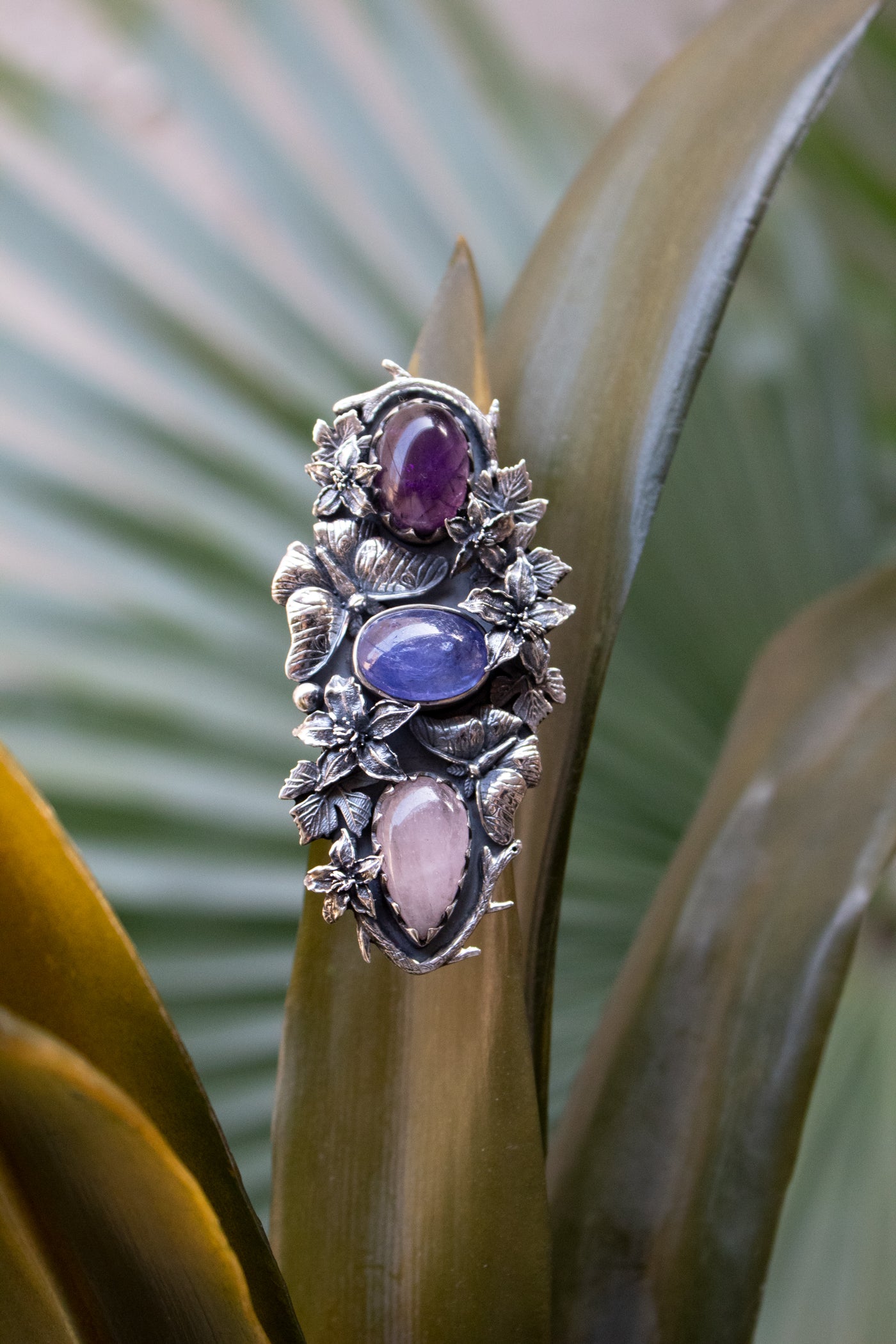 Violet Garden Reverie — Amethyst, Tanzanite & Rose Quartz Statement Ring, AR-7735
