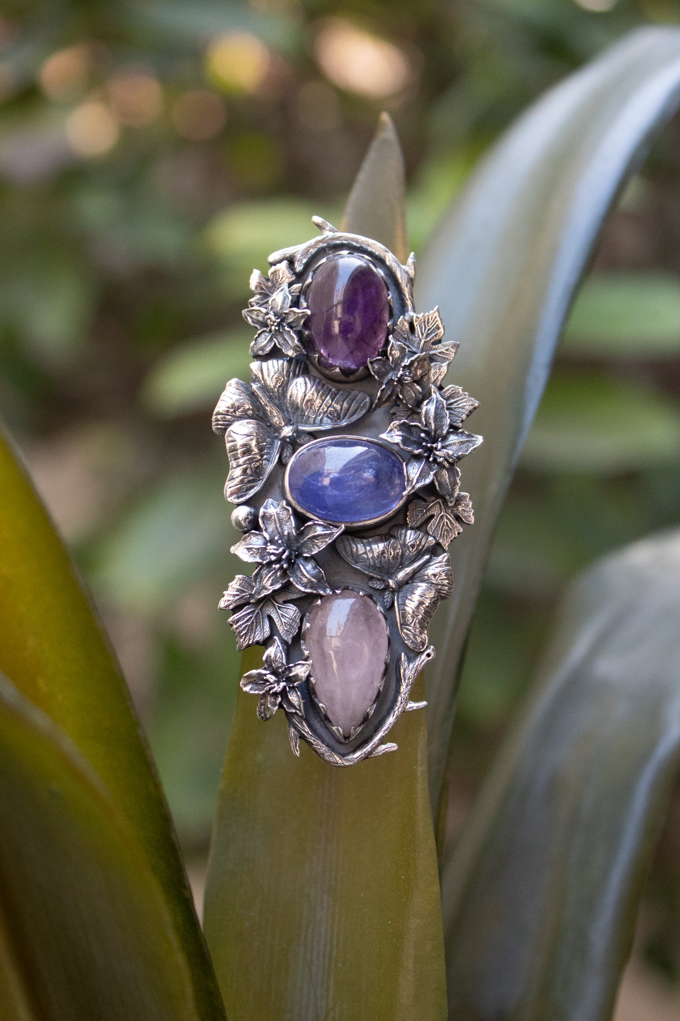 Violet Garden Reverie — Amethyst, Tanzanite & Rose Quartz Statement Ring, AR-7735