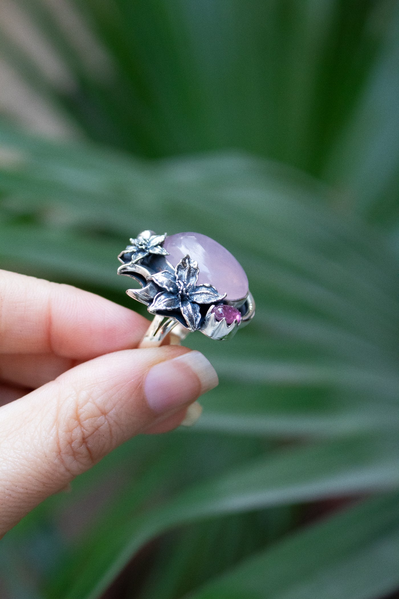 Dusky Bloom — Rose Quartz & Pink Tourmaline Floral Ring, AR-7736