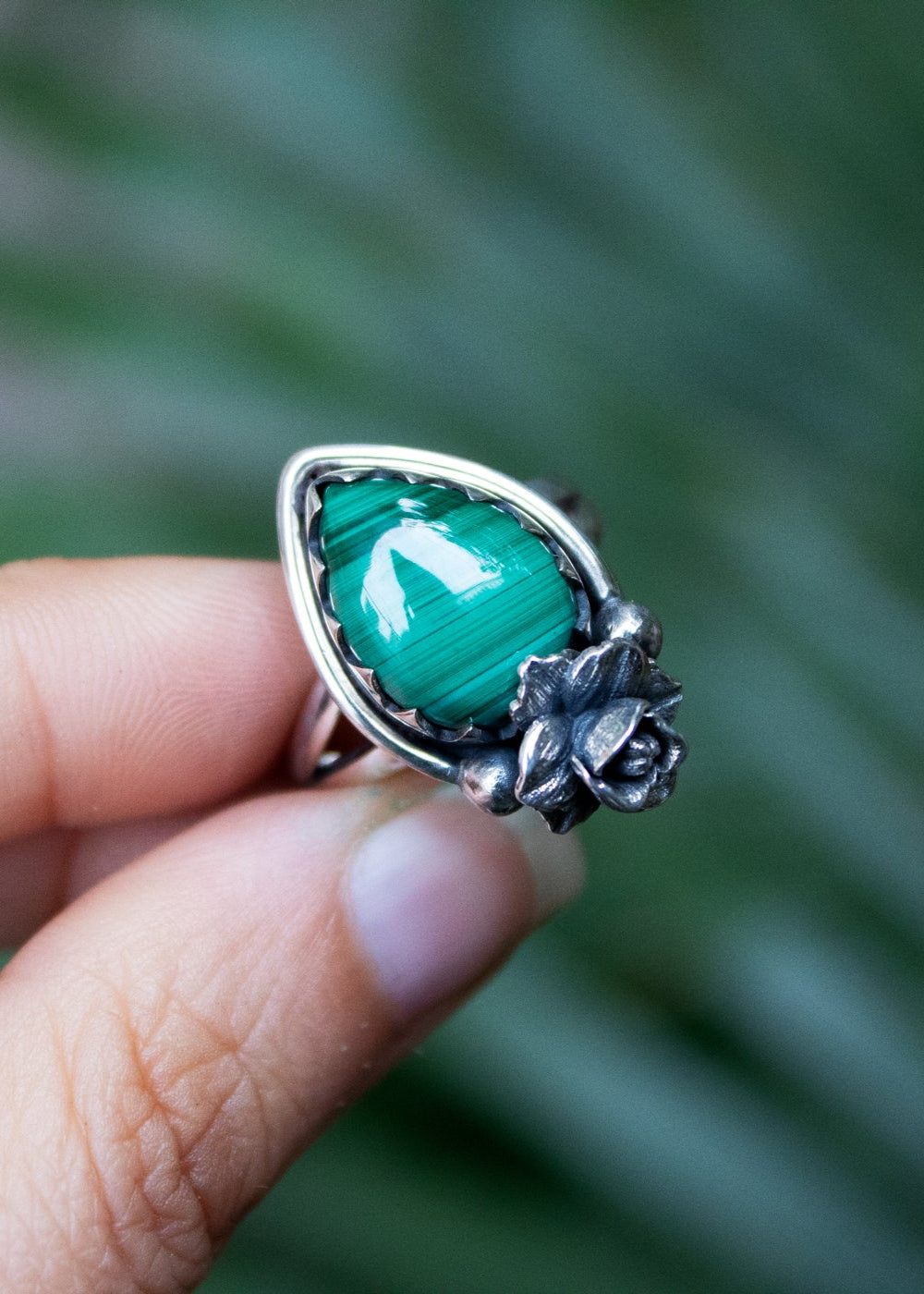 Petite Floral Radiance Malachite Ring, AR-6913