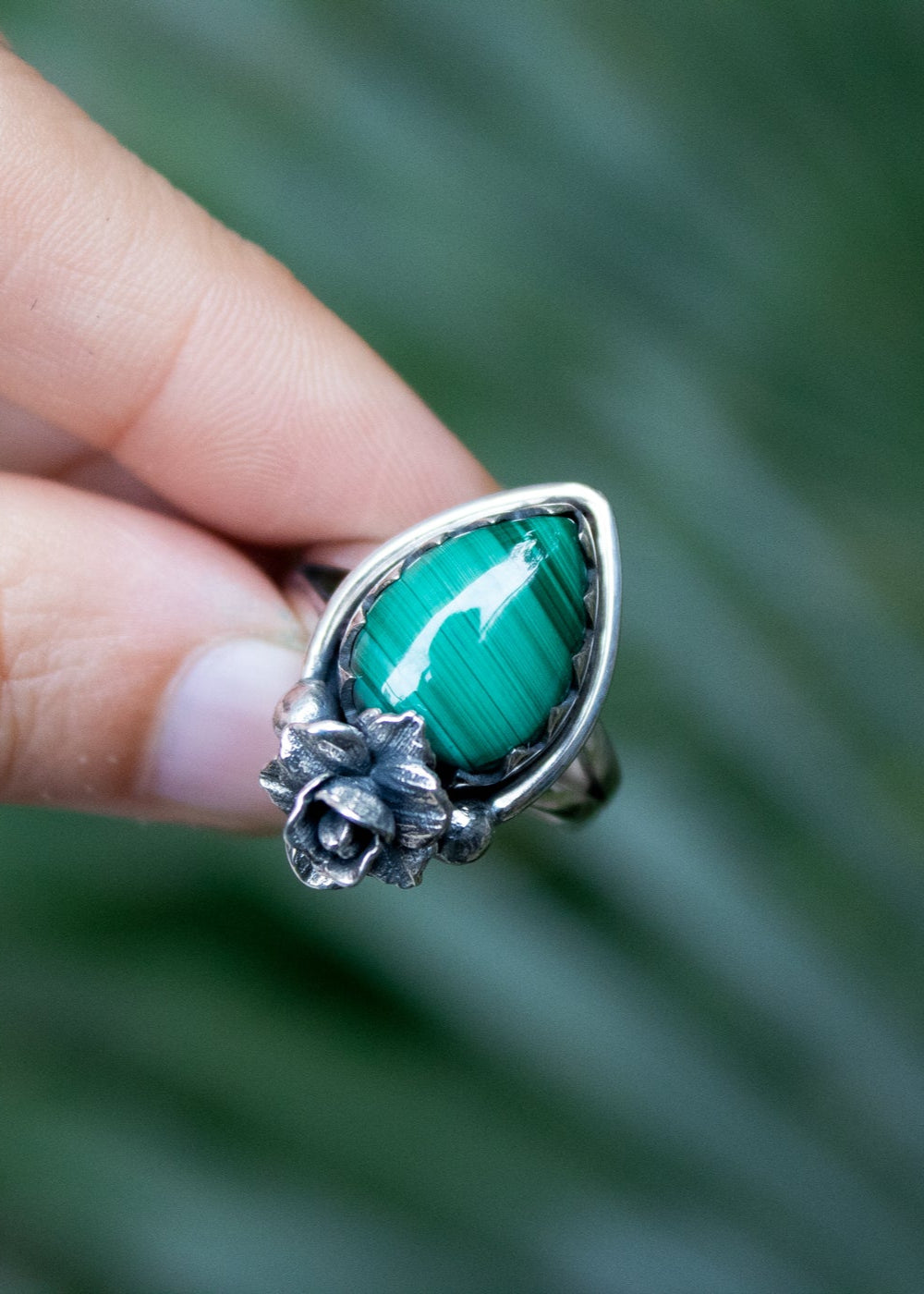 Petite Floral Radiance Malachite Ring, AR-6913