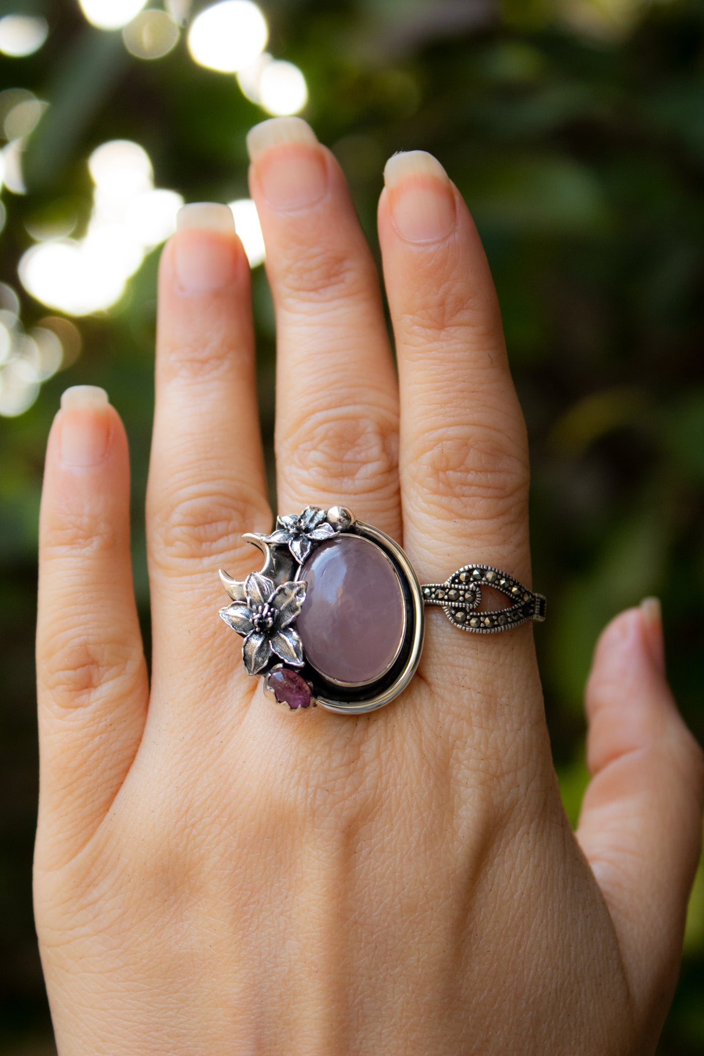Dusky Bloom — Rose Quartz & Pink Tourmaline Floral Ring, AR-7736