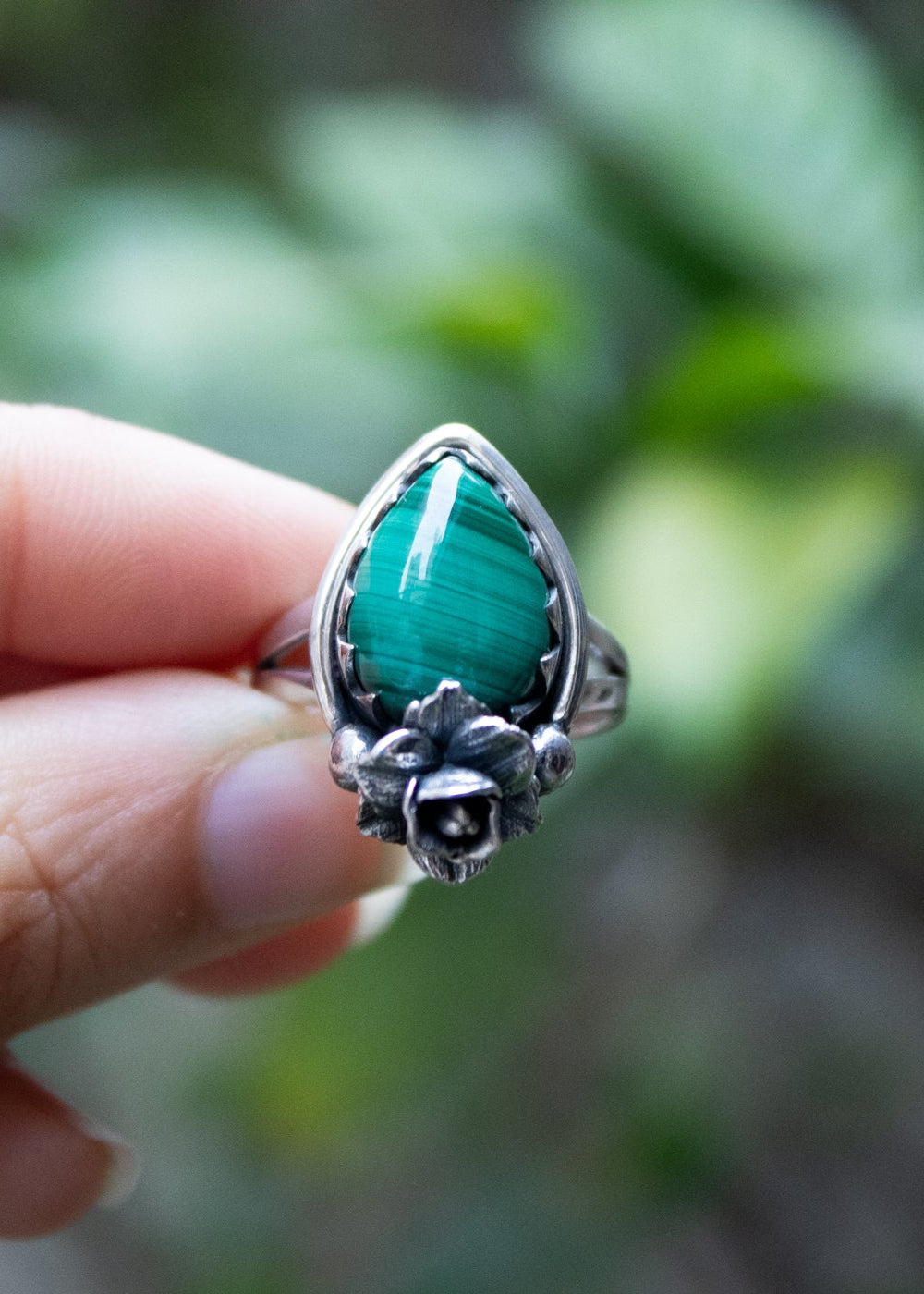 Petite Floral Radiance Malachite Ring, AR-6913