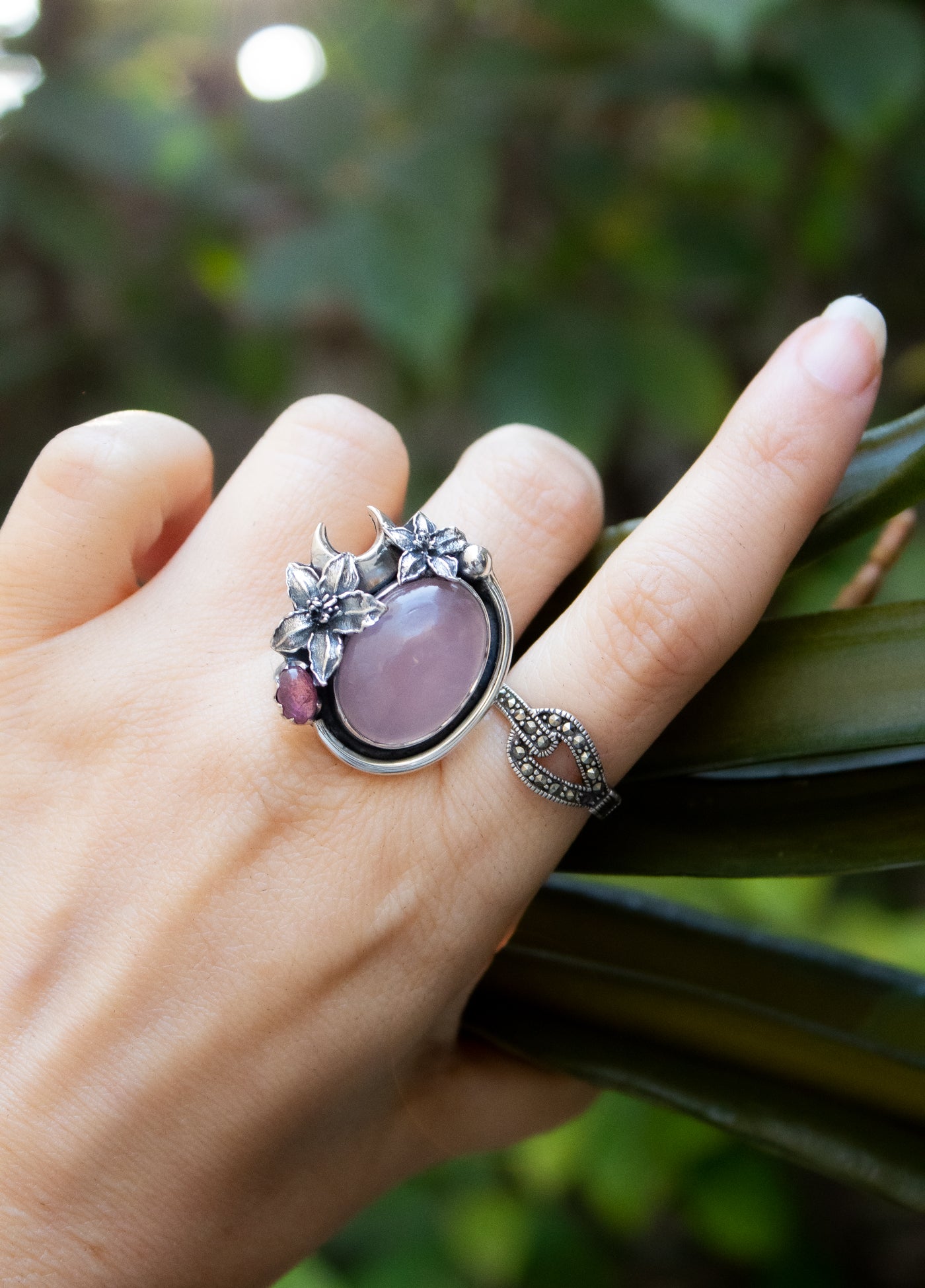 Dusky Bloom — Rose Quartz & Pink Tourmaline Floral Ring, AR-7736
