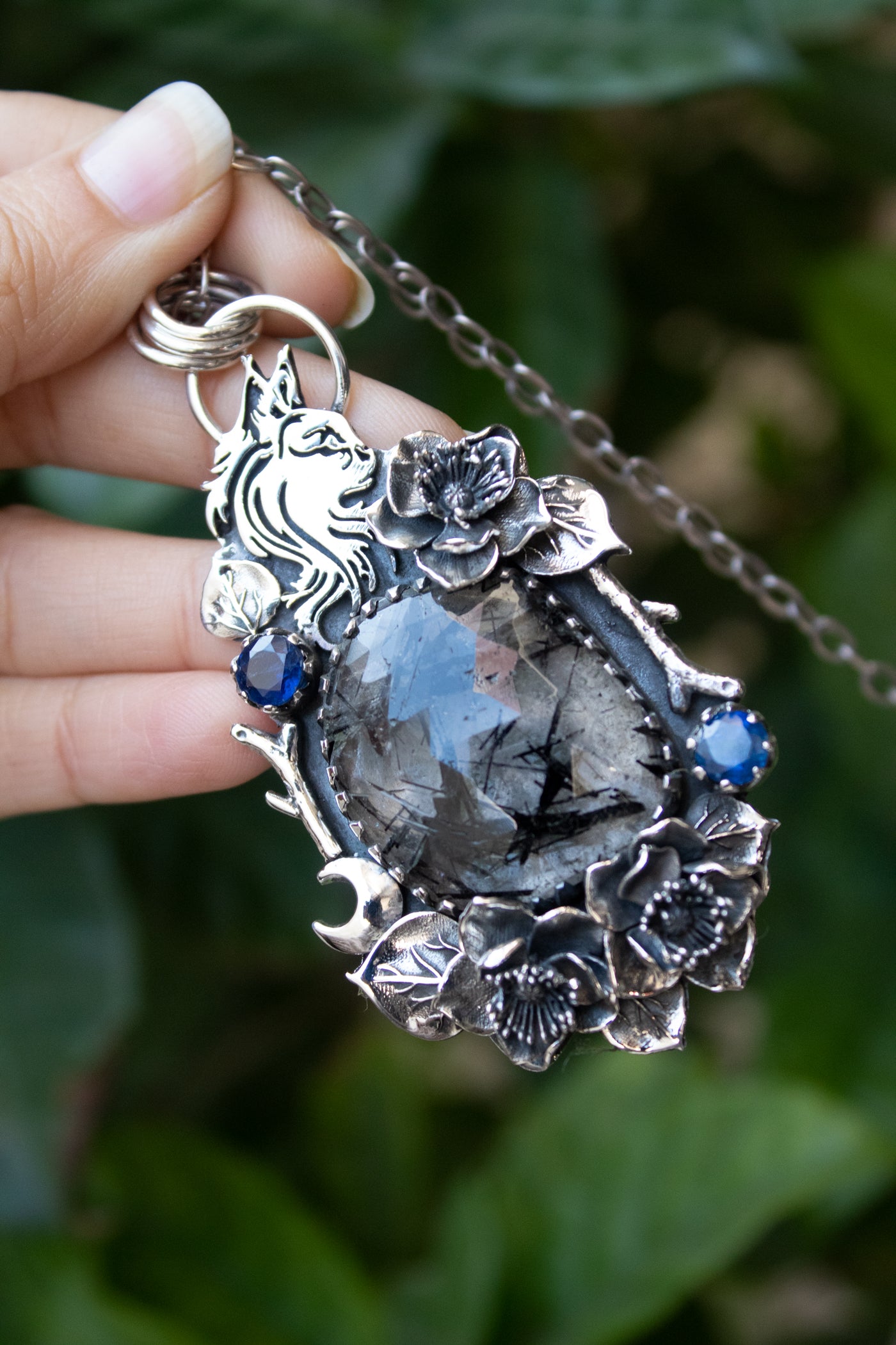 Lunar Sentinel: Black Rutilated Quartz Pendant, AP-7624