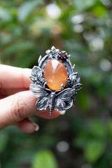 Sunlit Nectar — Orange Quartz Bee & Garnet Garden Ring, AR- 7748