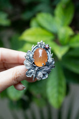 Sunlit Nectar — Orange Quartz Bee & Garnet Garden Ring, AR- 7748