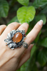Sunlit Nectar — Orange Quartz Bee & Garnet Garden Ring, AR- 7748