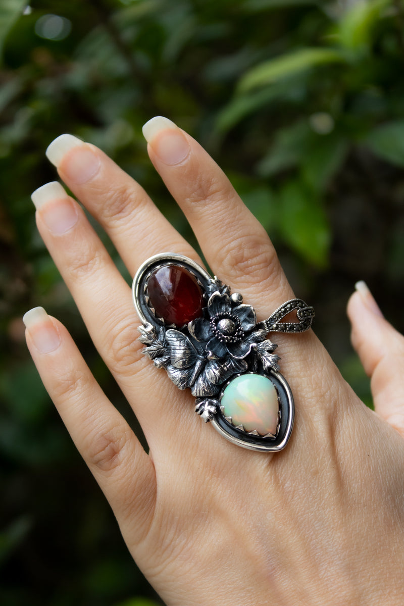 Hessonite, Opal & Butterfly Garden Ring, AR- 7749