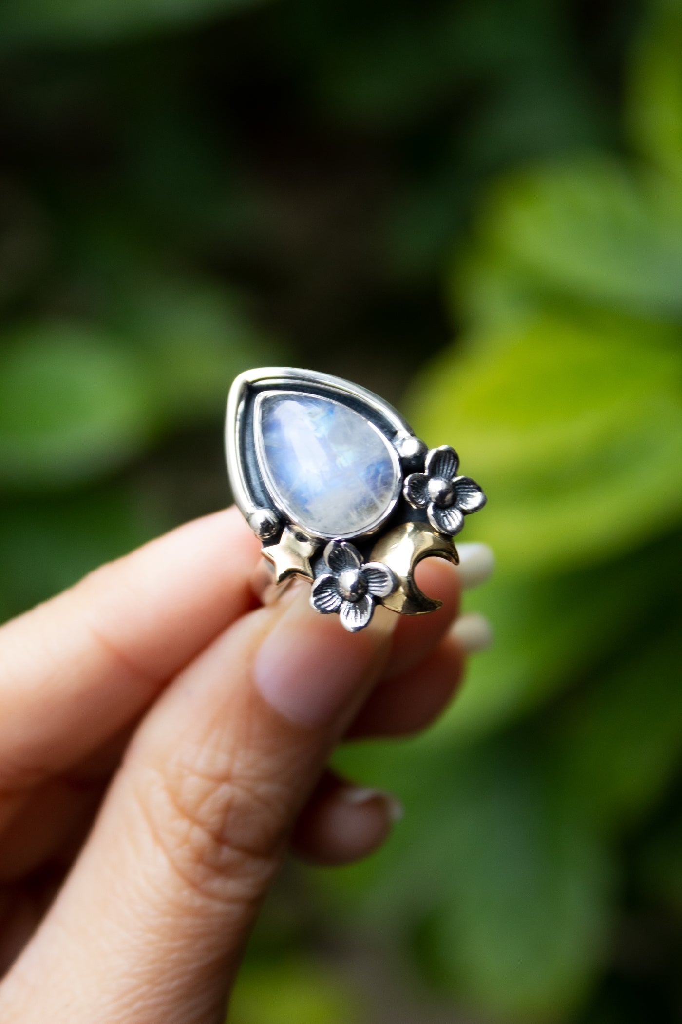 Celestial Petal — Moonstone Crescent Ring, AR-7755