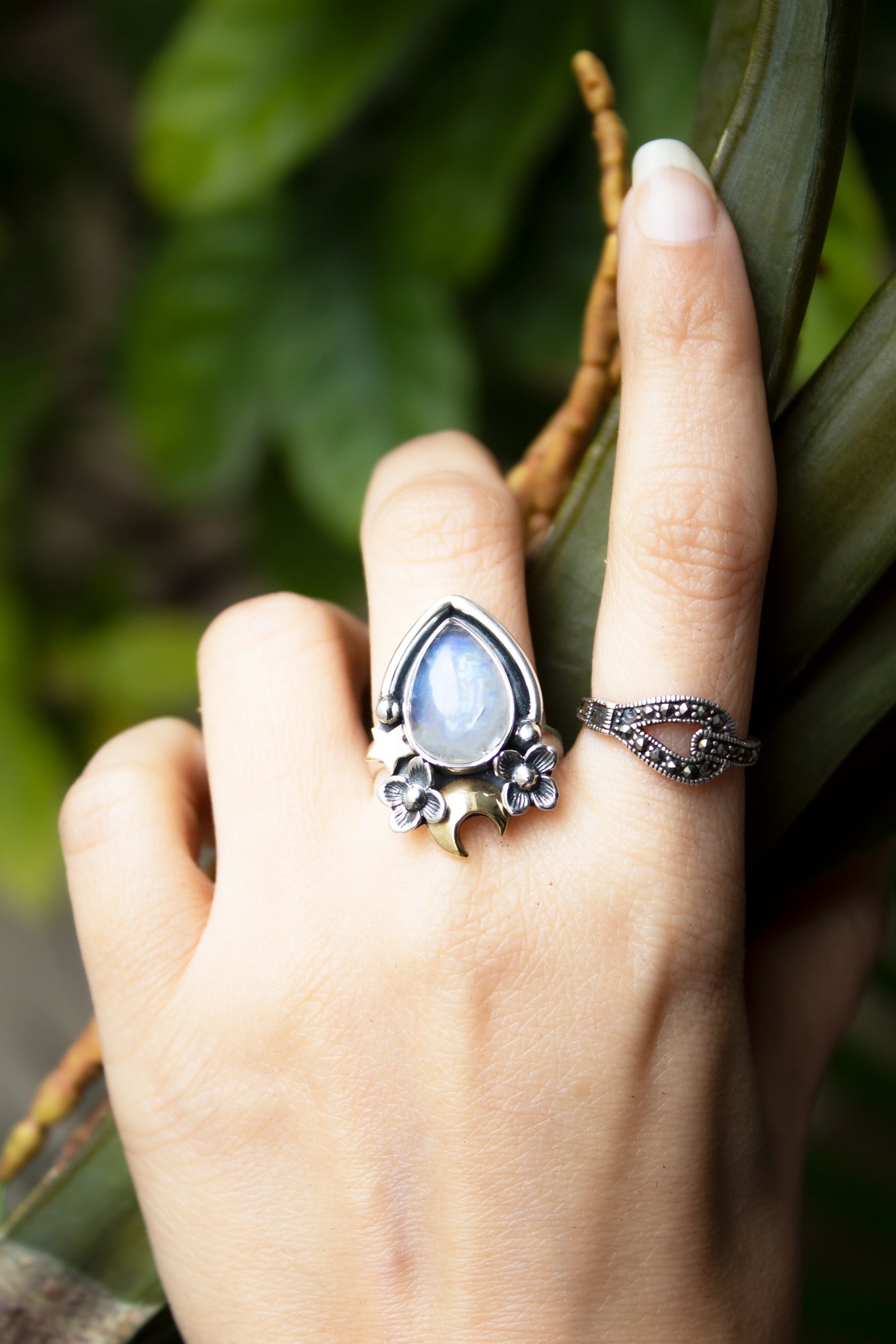 Celestial Petal — Moonstone Crescent Ring, AR-7755