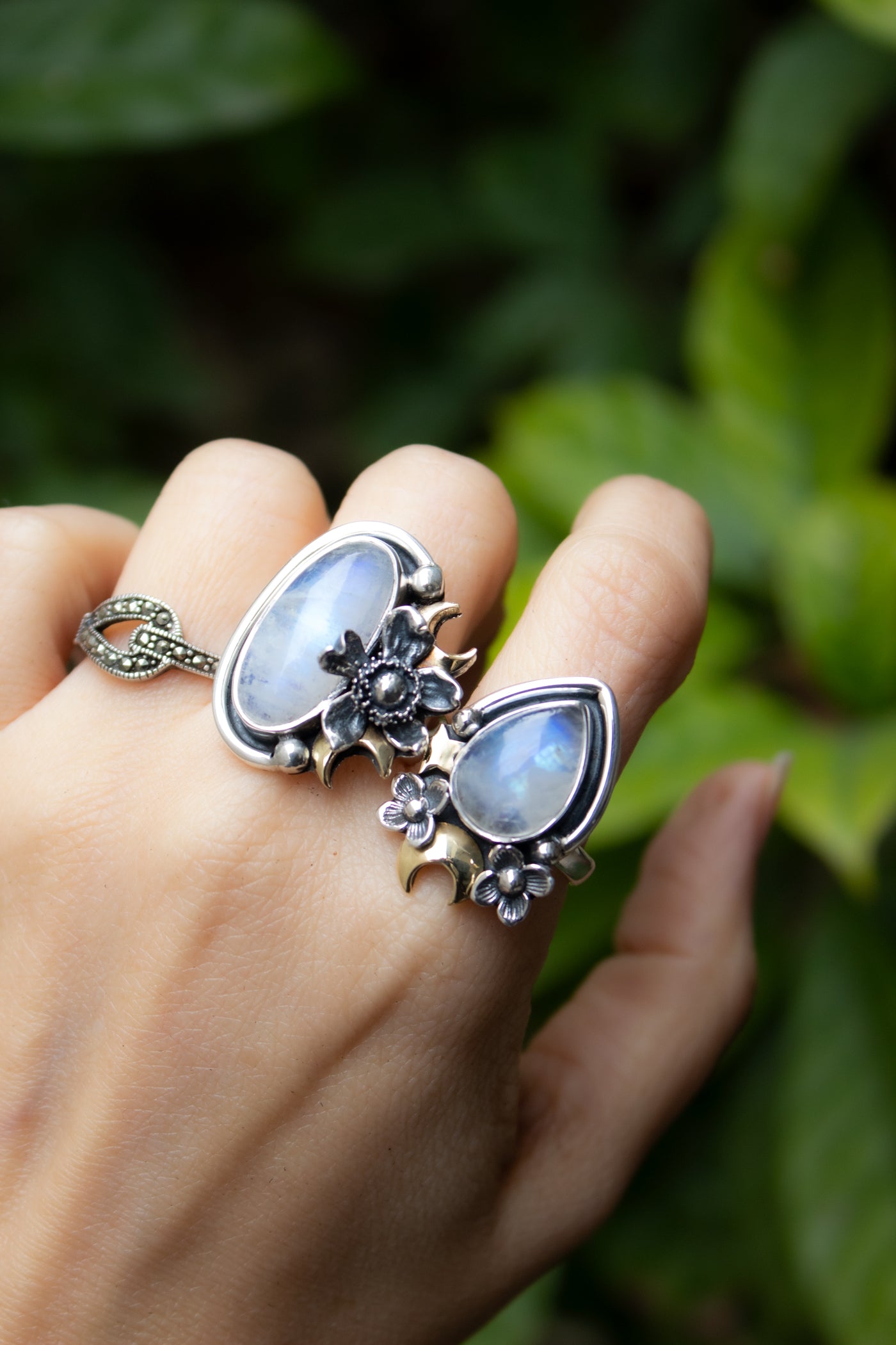 Moon Bloom — Moonstone & Crescent Garden Ring, AR-7751
