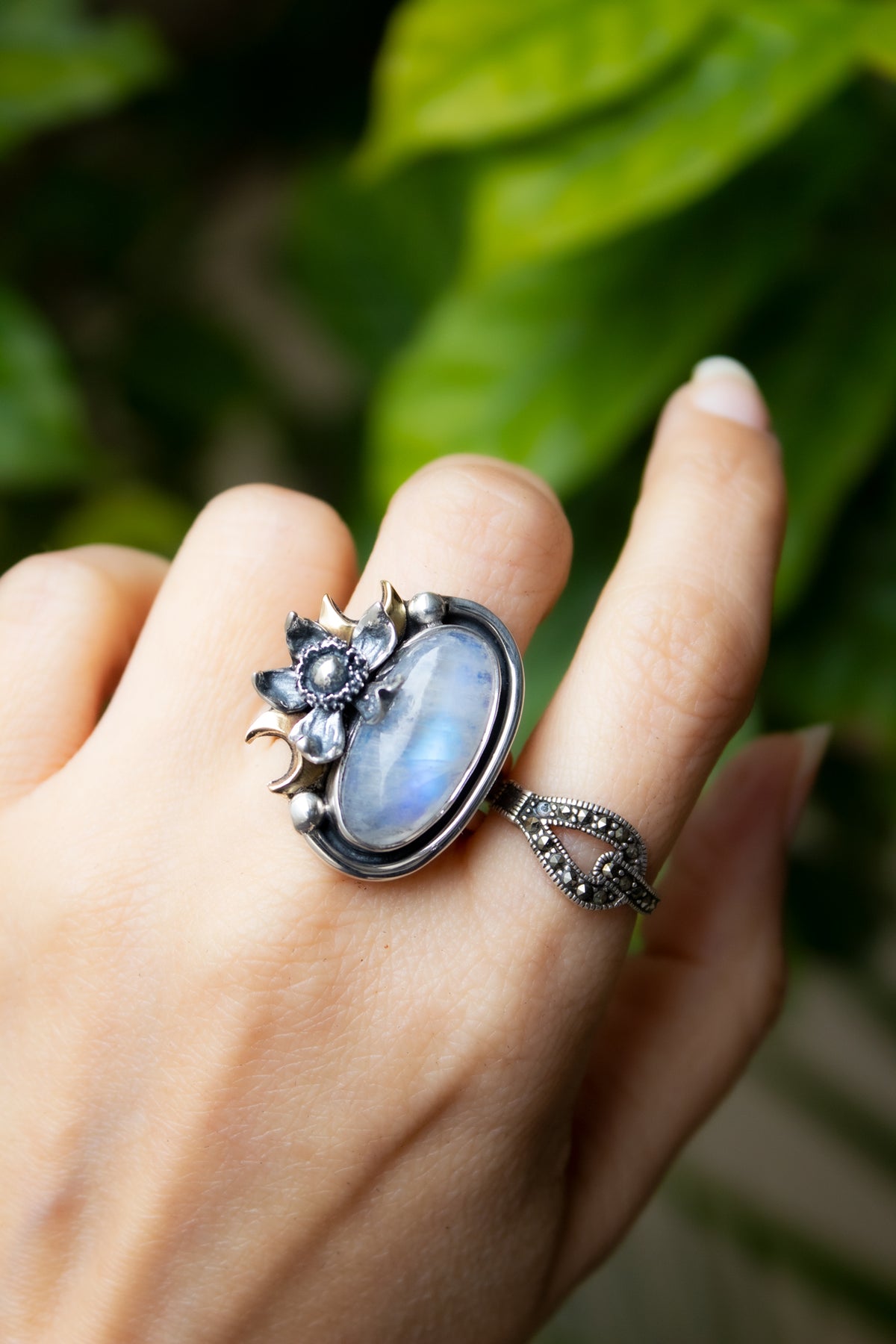 Moon Bloom — Moonstone & Crescent Garden Ring, AR-7751