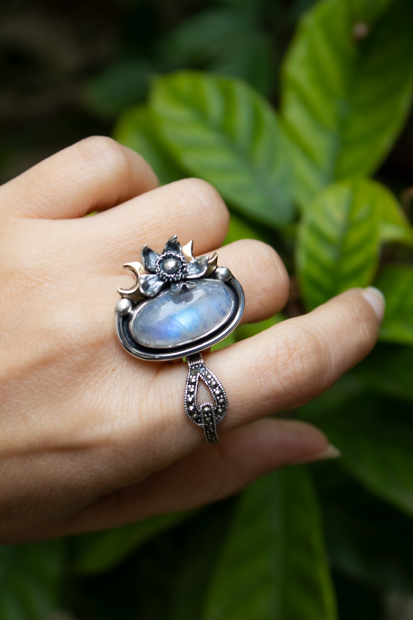 Moon Bloom — Moonstone & Crescent Garden Ring, AR-7751