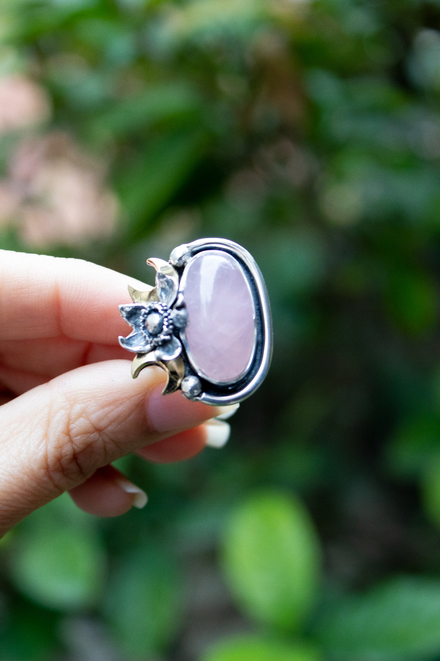 Blush Moon Garden — Rose Quartz Crescent Ring, AR-7752