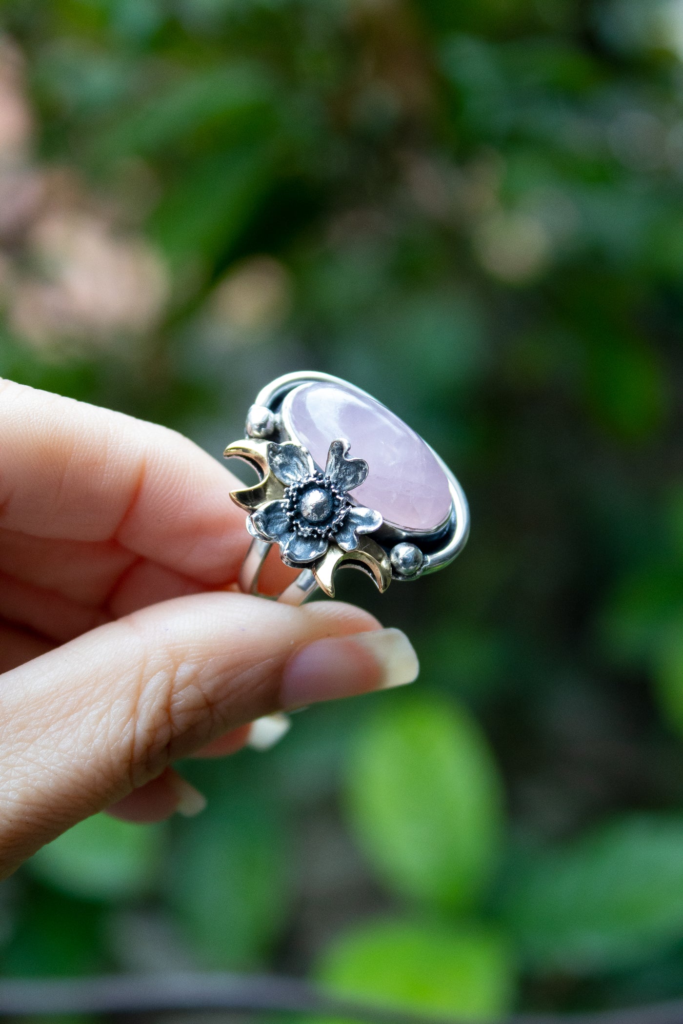 Blush Moon Garden — Rose Quartz Crescent Ring, AR-7752