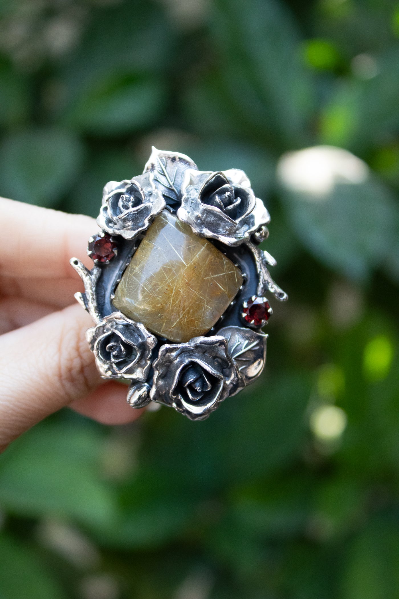 Eternal Bloom: Golden Rutile & Garnet Ring, AR-7306