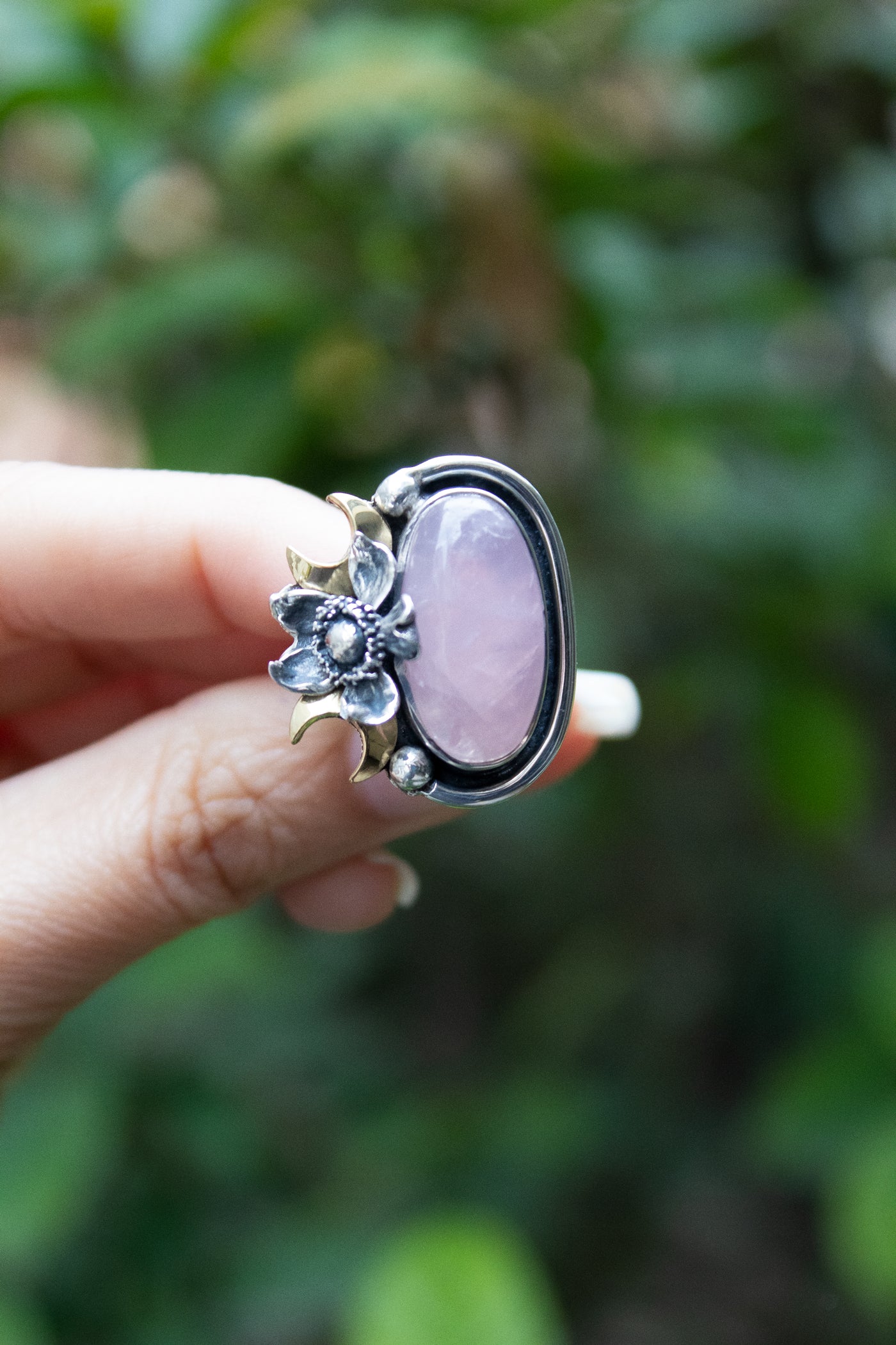Blush Moon Garden — Rose Quartz Crescent Ring, AR-7752