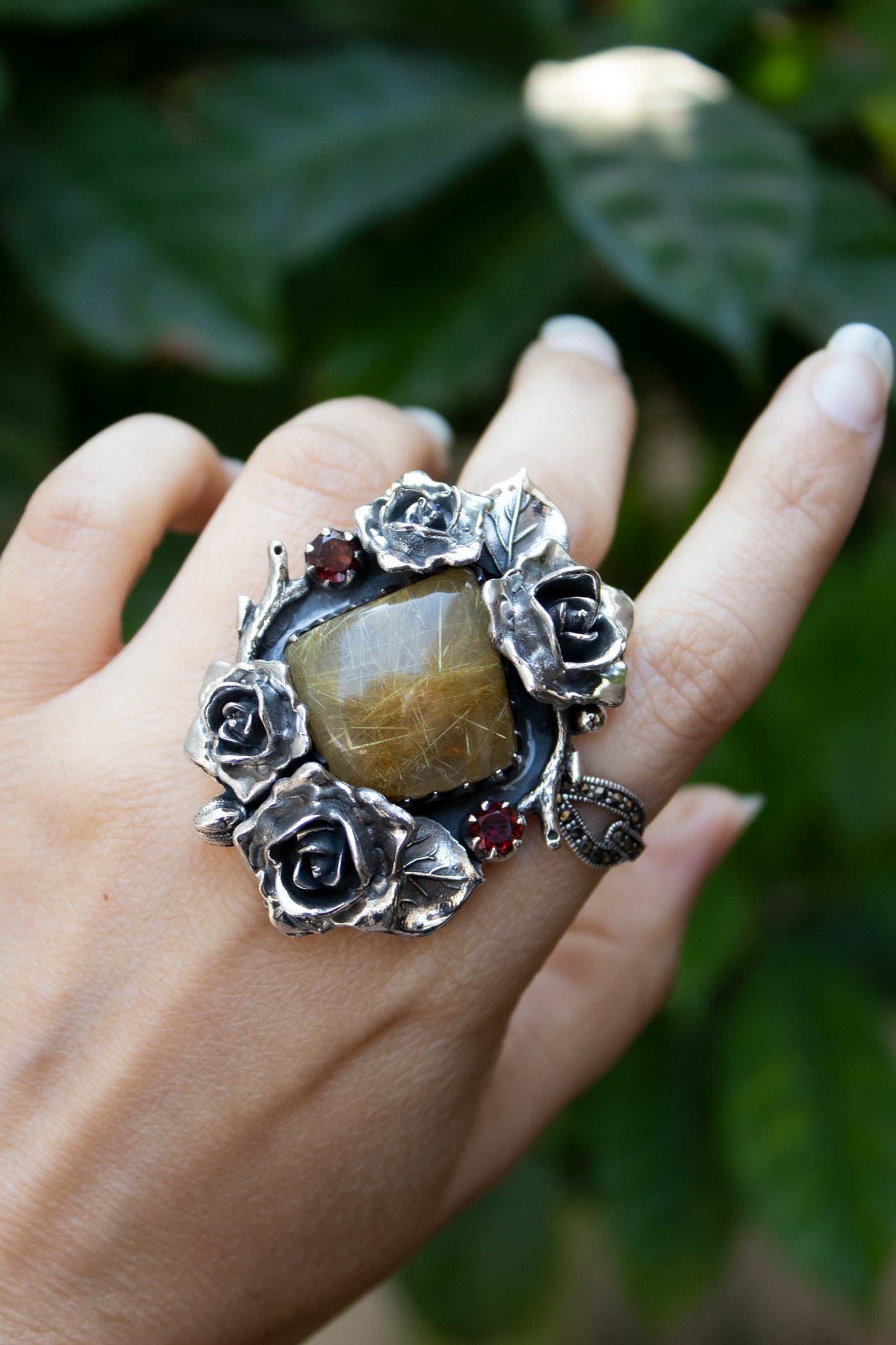 Eternal Bloom: Golden Rutile & Garnet Ring, AR-7306