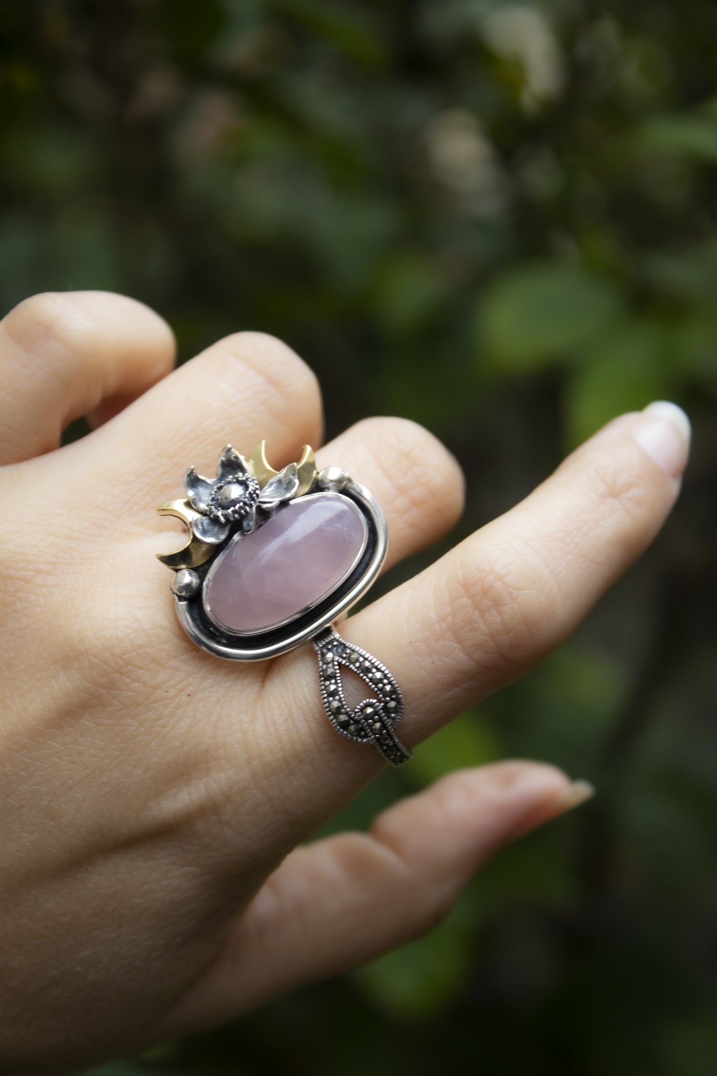 Blush Moon Garden — Rose Quartz Crescent Ring, AR-7752