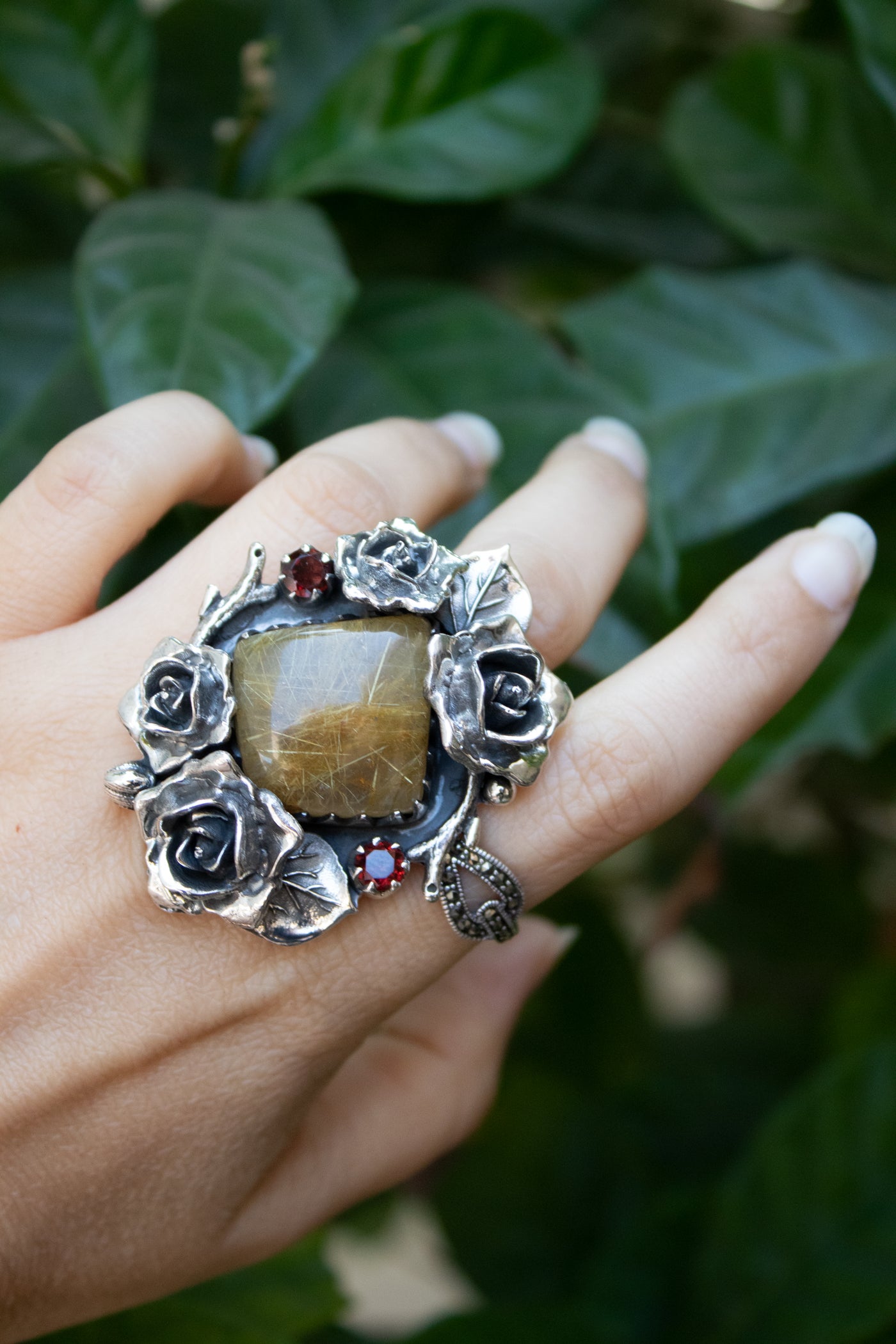 Eternal Bloom: Golden Rutile & Garnet Ring, AR-7306