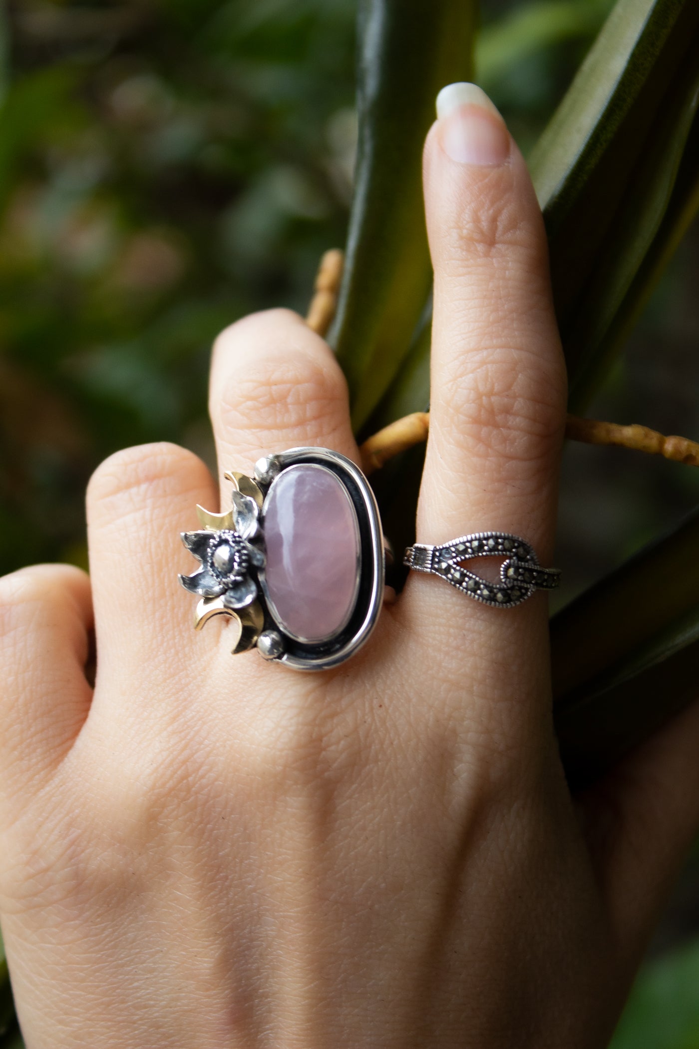 Blush Moon Garden — Rose Quartz Crescent Ring, AR-7752