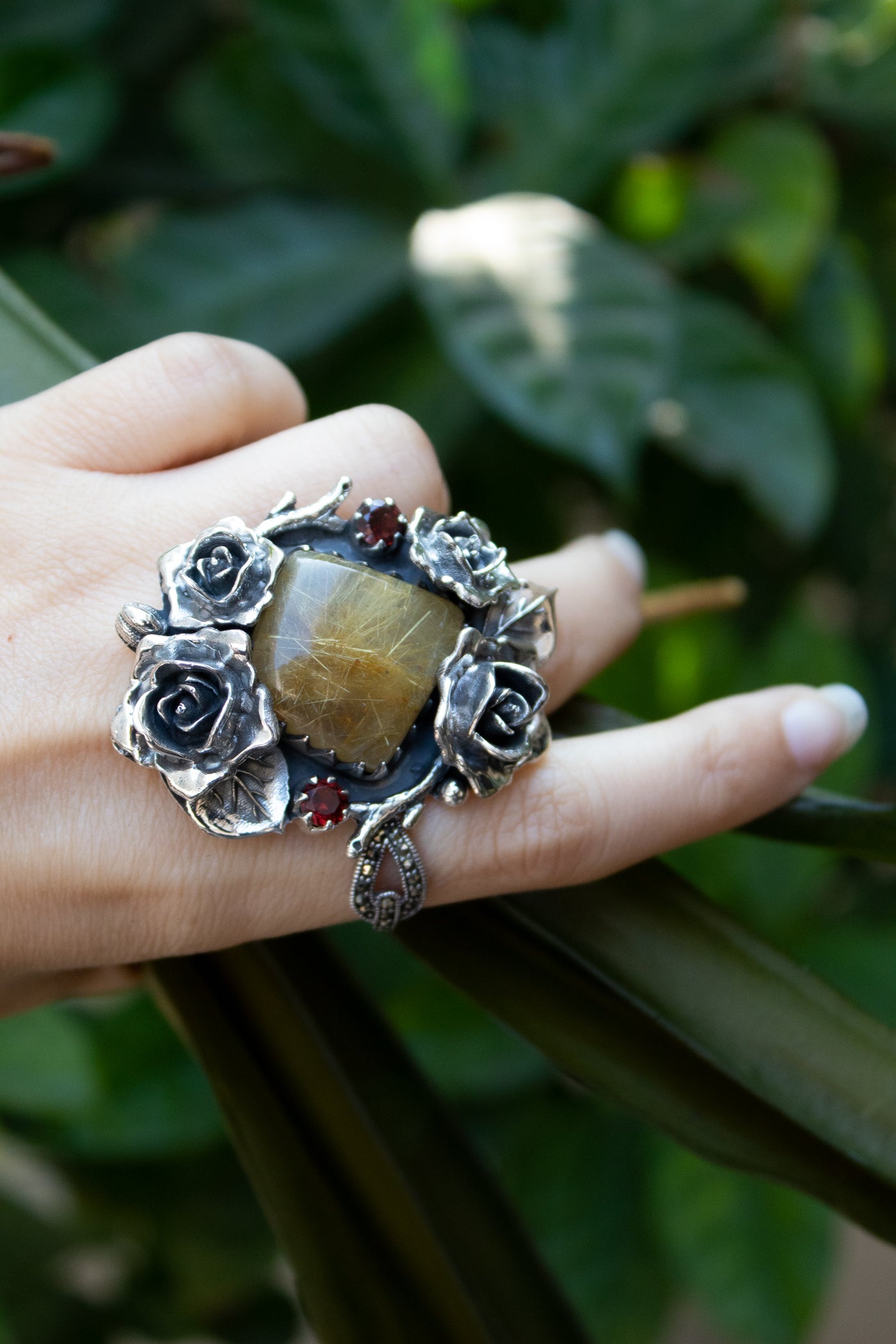 Eternal Bloom: Golden Rutile & Garnet Ring, AR-7306