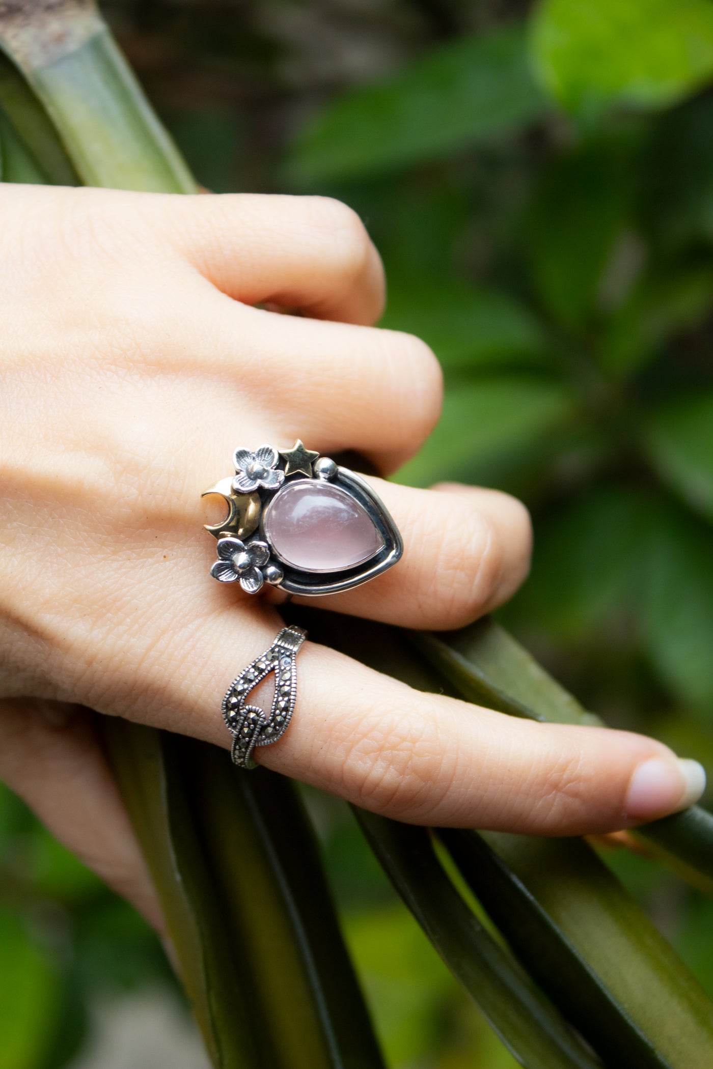 Starlit Blush — Rose Quartz Crescent & Star Ring, AR-7753