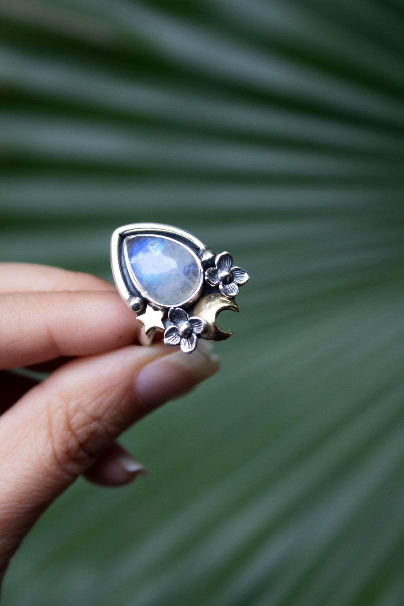 Celestial Petal — Moonstone Crescent Ring, AR-7755