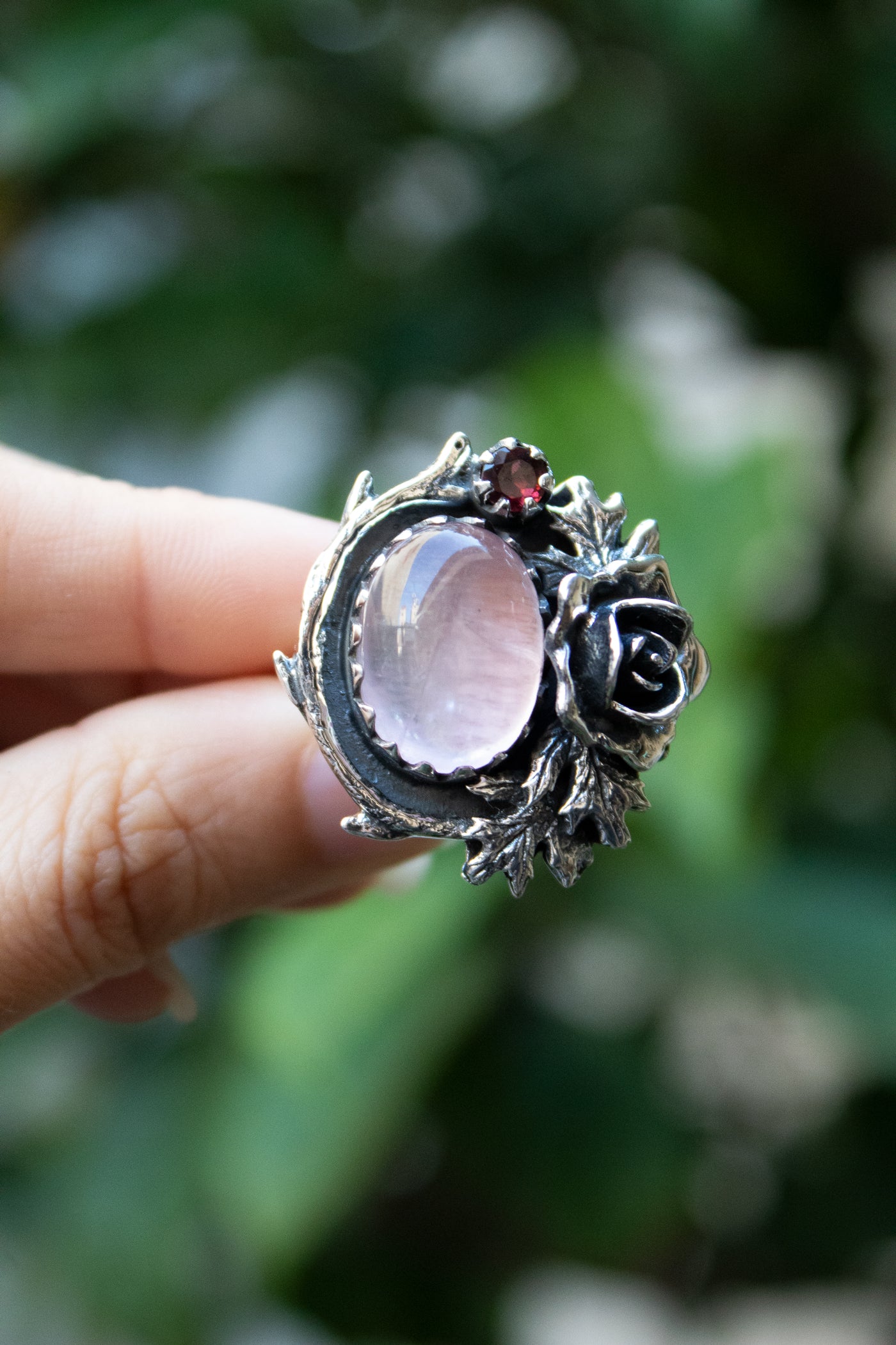 Blush Vine: Rose Quartz & Garnet Floral Ring, AR-7318