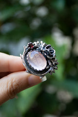 Blush Vine: Rose Quartz & Garnet Floral Ring, AR-7318