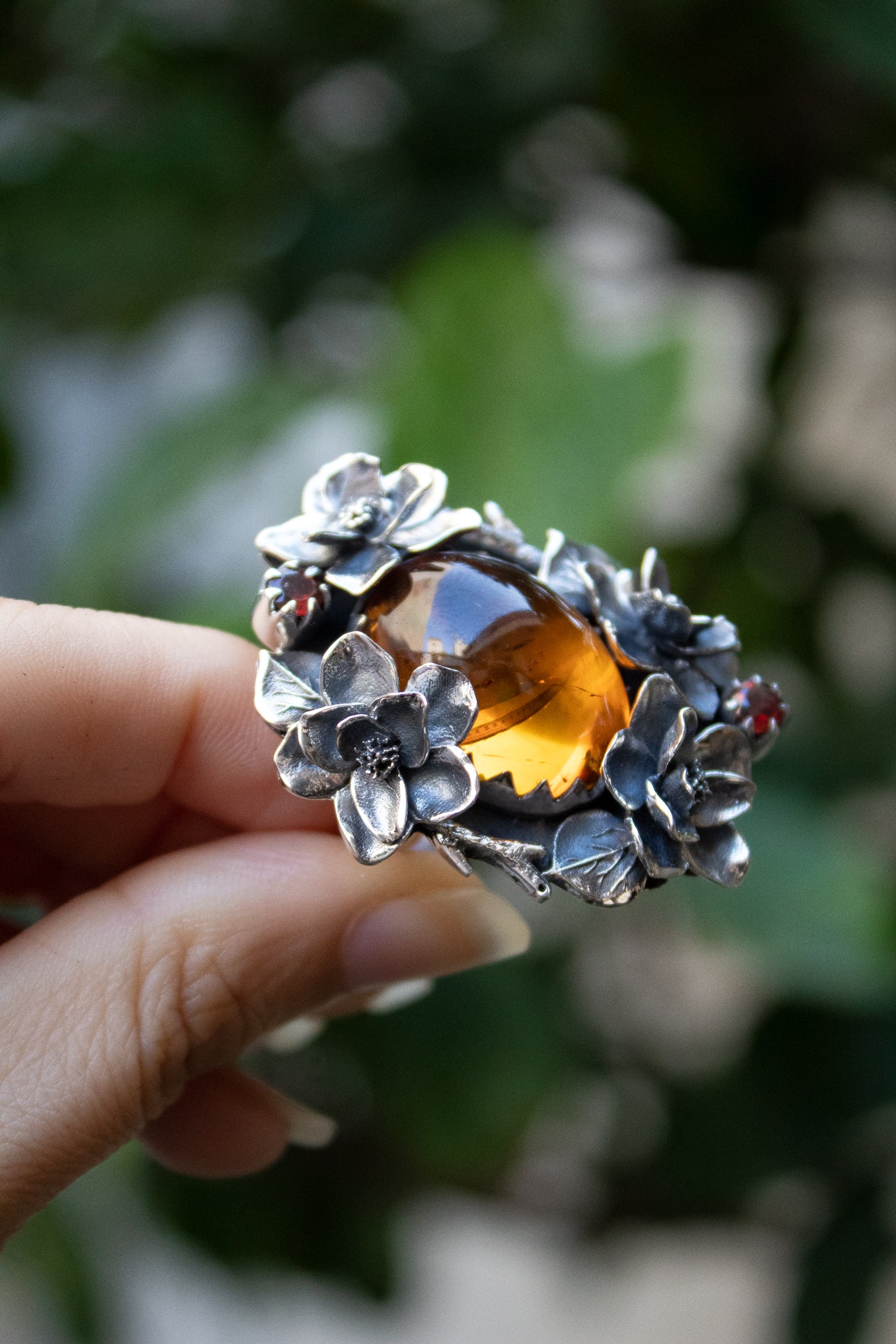 Sunlit Bloom: Citrine & Garnet Floral Ring, AR-7308