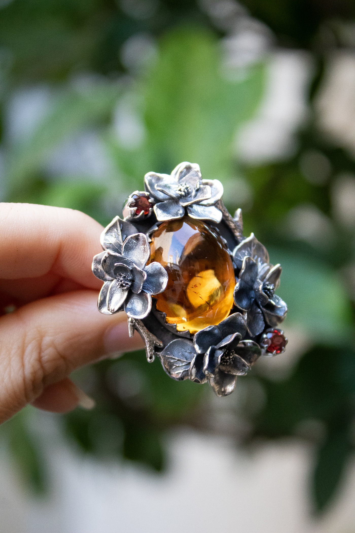 Sunlit Bloom: Citrine & Garnet Floral Ring, AR-7308