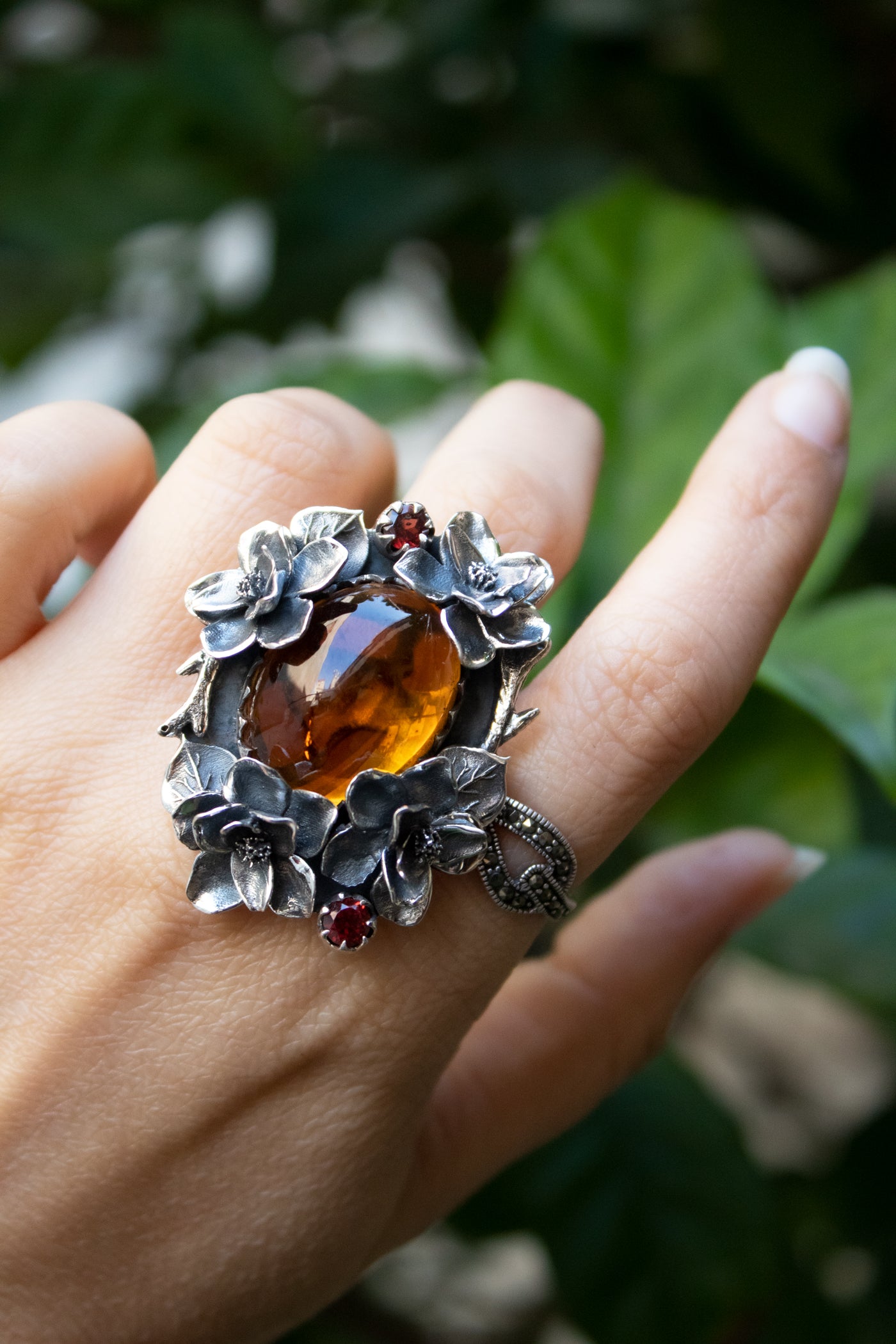 Sunlit Bloom: Citrine & Garnet Floral Ring, AR-7308