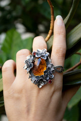 Sunlit Bloom: Citrine & Garnet Floral Ring, AR-7308