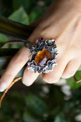 Sunlit Bloom: Citrine & Garnet Floral Ring, AR-7308